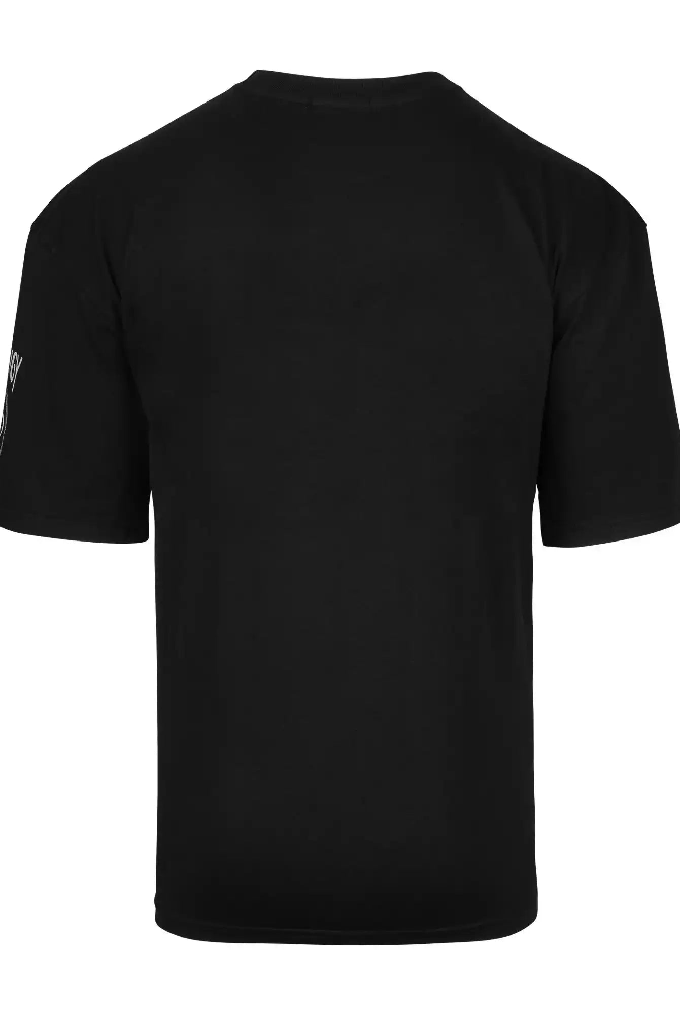 Das Adrian Oversized T-Shirt mit Druck von trueprodigy ist ein schlichtes schwarzes Unisex-T-Shirt mit kurzen Ärmeln, Rundhalsausschnitt und einer Teilgrafik auf dem linken Ärmel, das von hinten auf weißem Hintergrund abgebildet ist.