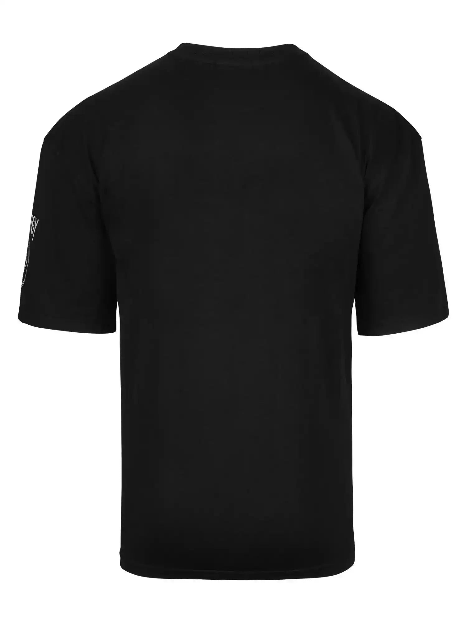 Das Adrian Oversized T-Shirt mit Druck von trueprodigy ist ein schlichtes schwarzes Unisex-T-Shirt mit kurzen Ärmeln, Rundhalsausschnitt und einer Teilgrafik auf dem linken Ärmel, das von hinten auf weißem Hintergrund abgebildet ist.