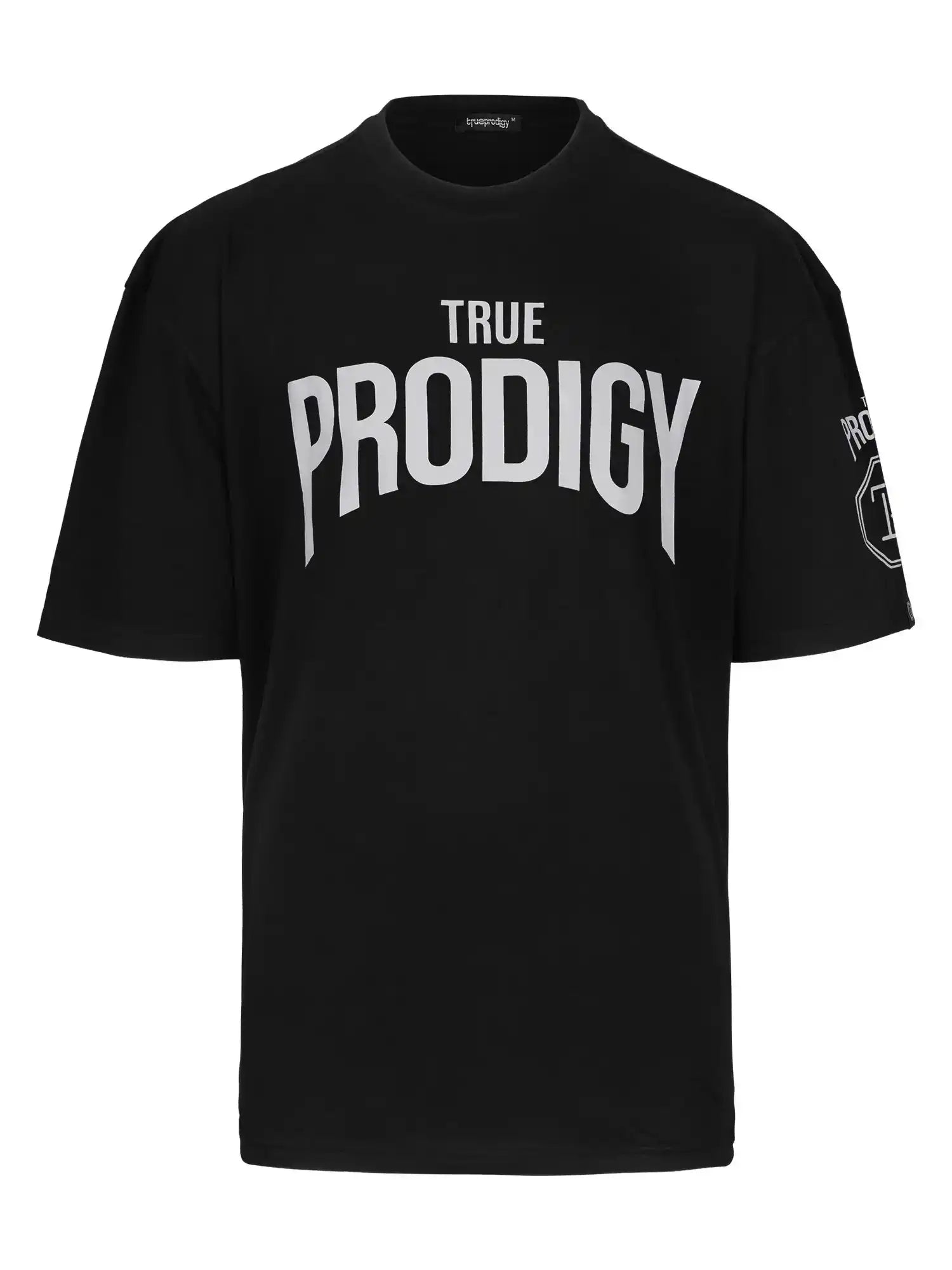 Ein schwarzes Adrian Oversized T-Shirt mit Druck von trueprodigy, mit fettem weißem "TRUE PRODIGY"-Print auf der Vorderseite und einem kleinen weißen Logo auf dem linken Ärmel, dargestellt vor einem schlichten weißen Hintergrund.