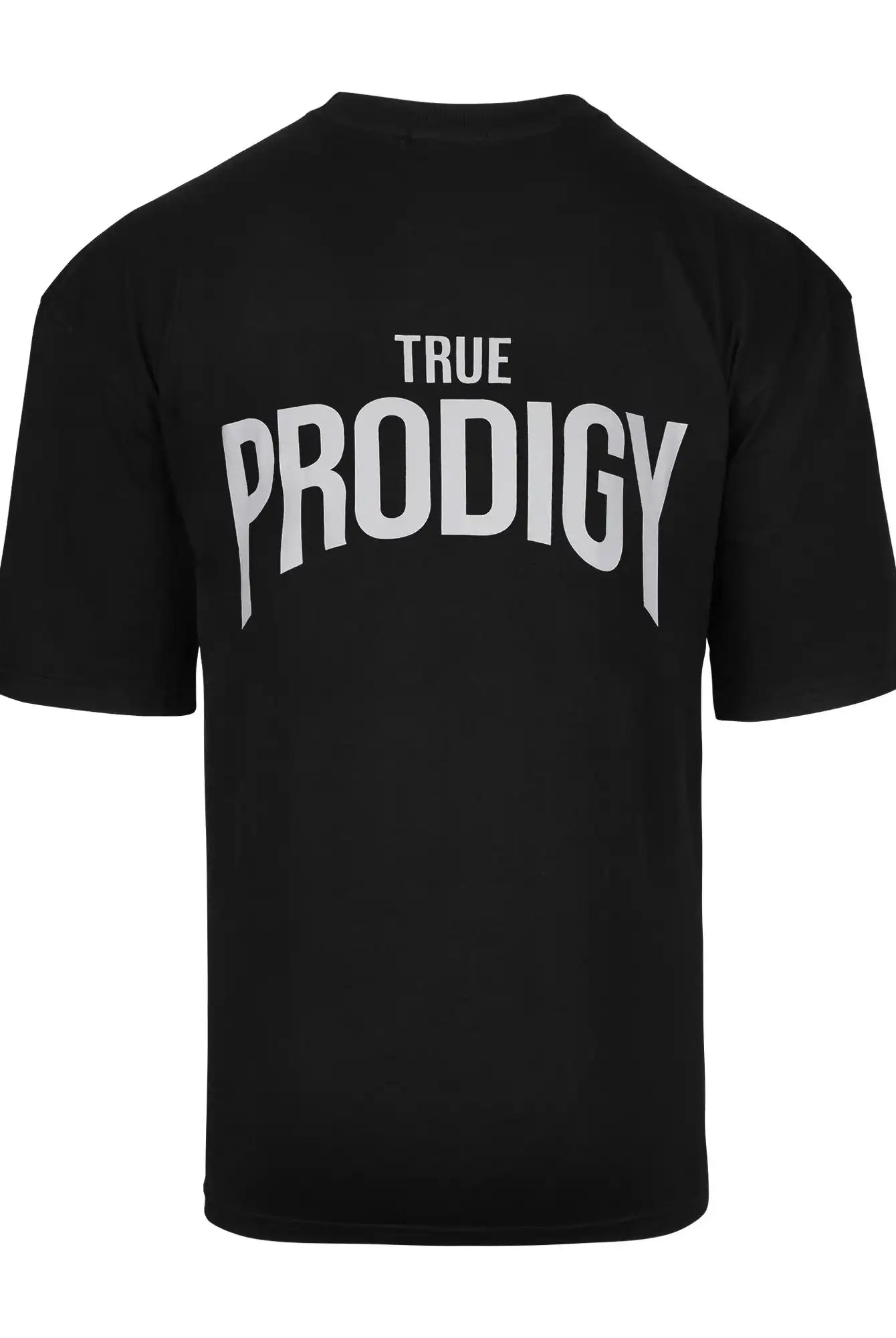 Ein übergroßes schwarzes Unisex-T-Shirt von trueprodigy aus schwerem Jersey-Stoff, das von hinten gezeigt wird und auf dem der Schriftzug "trueprodigy" in weißer Schrift aufgedruckt ist.