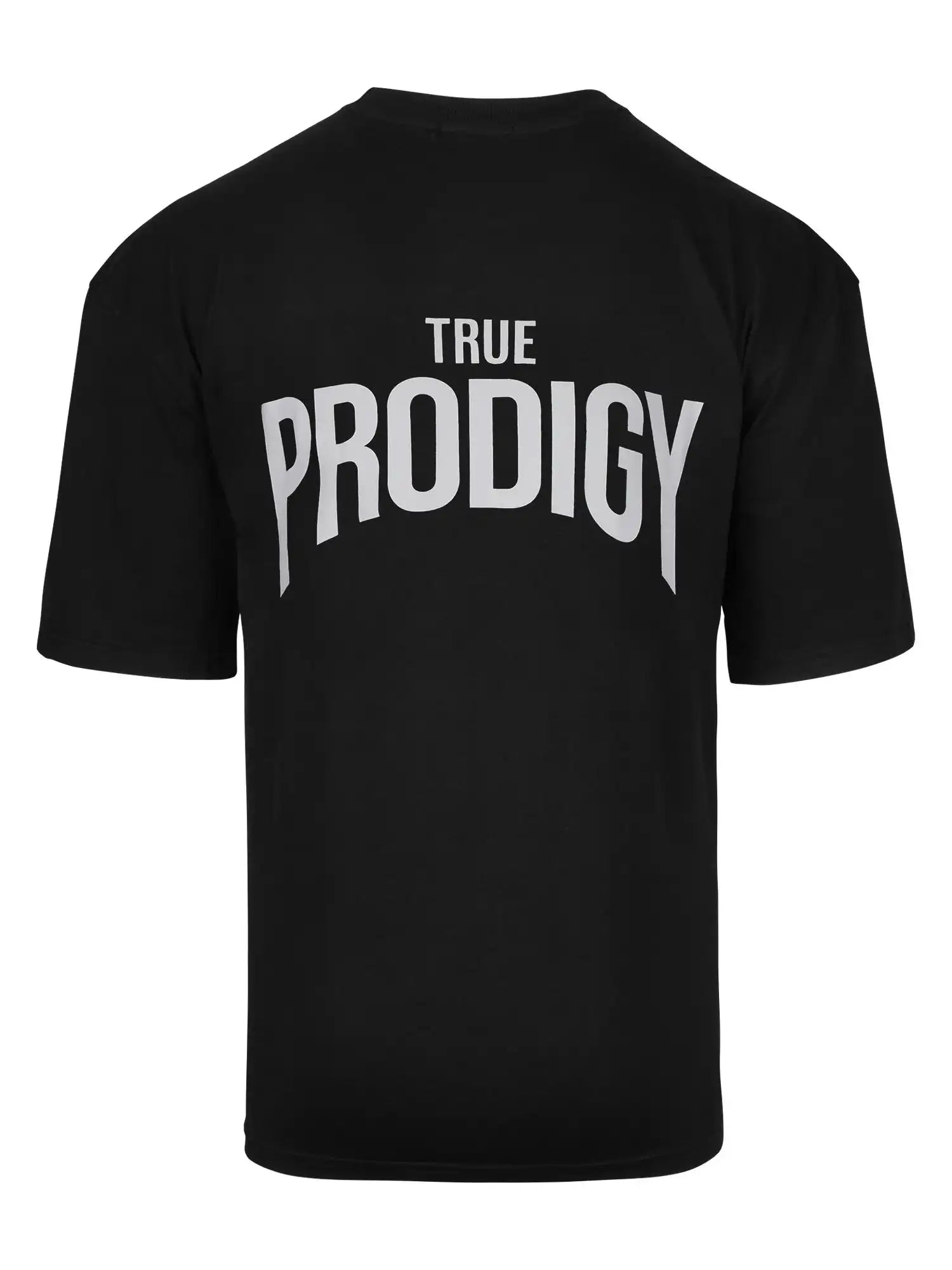 Ein übergroßes schwarzes Unisex-T-Shirt von trueprodigy aus schwerem Jersey-Stoff, das von hinten gezeigt wird und auf dem der Schriftzug "trueprodigy" in weißer Schrift aufgedruckt ist.