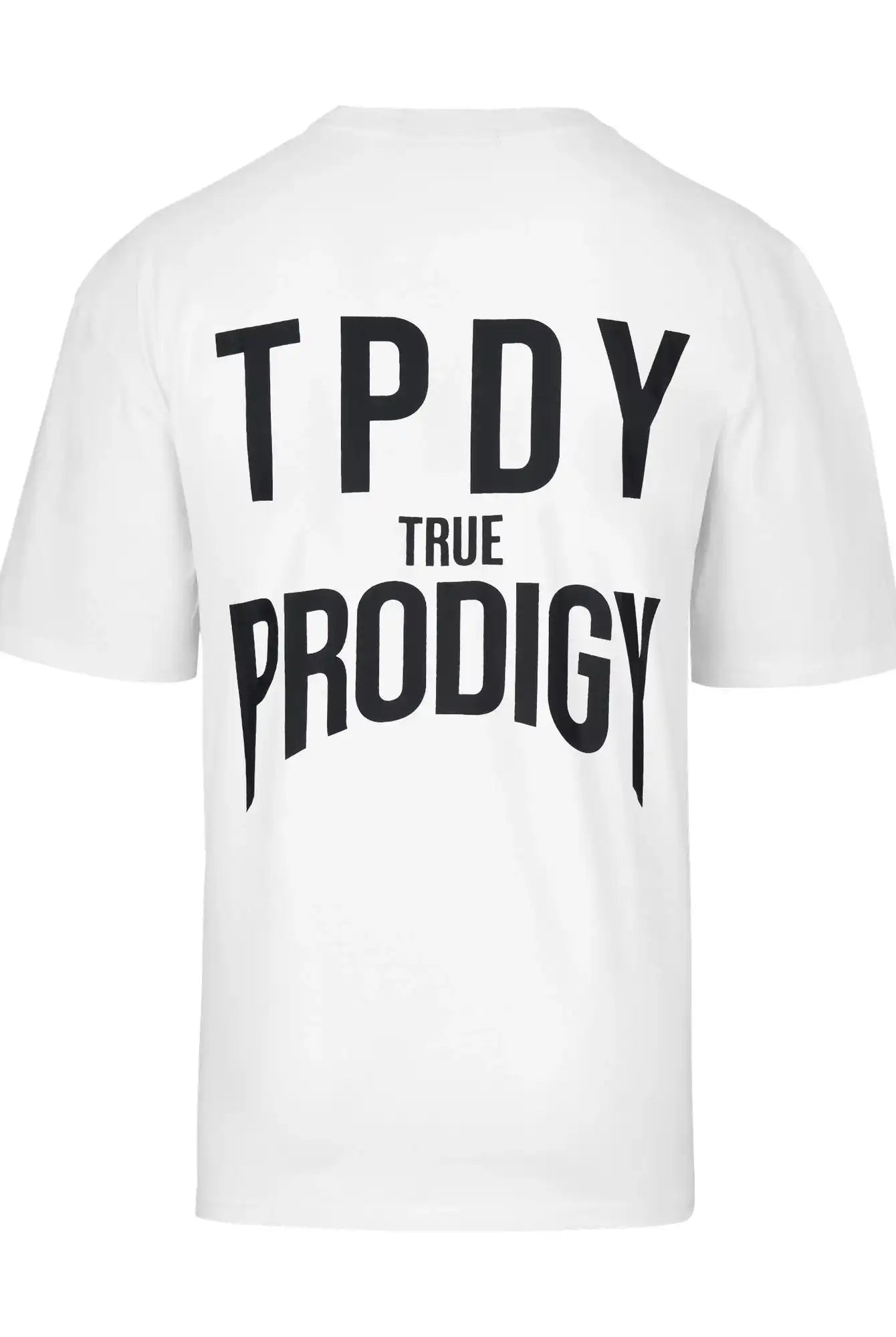 Das Robin Oversized T-Shirt mit Druck von trueprodigy ist ein weißes Unisex-T-Shirt aus schwerem Jersey mit schwarzem Text auf der Rückseite: TPDY oben, TRUE in der Mitte und PRODIGY in großen Buchstaben unten.