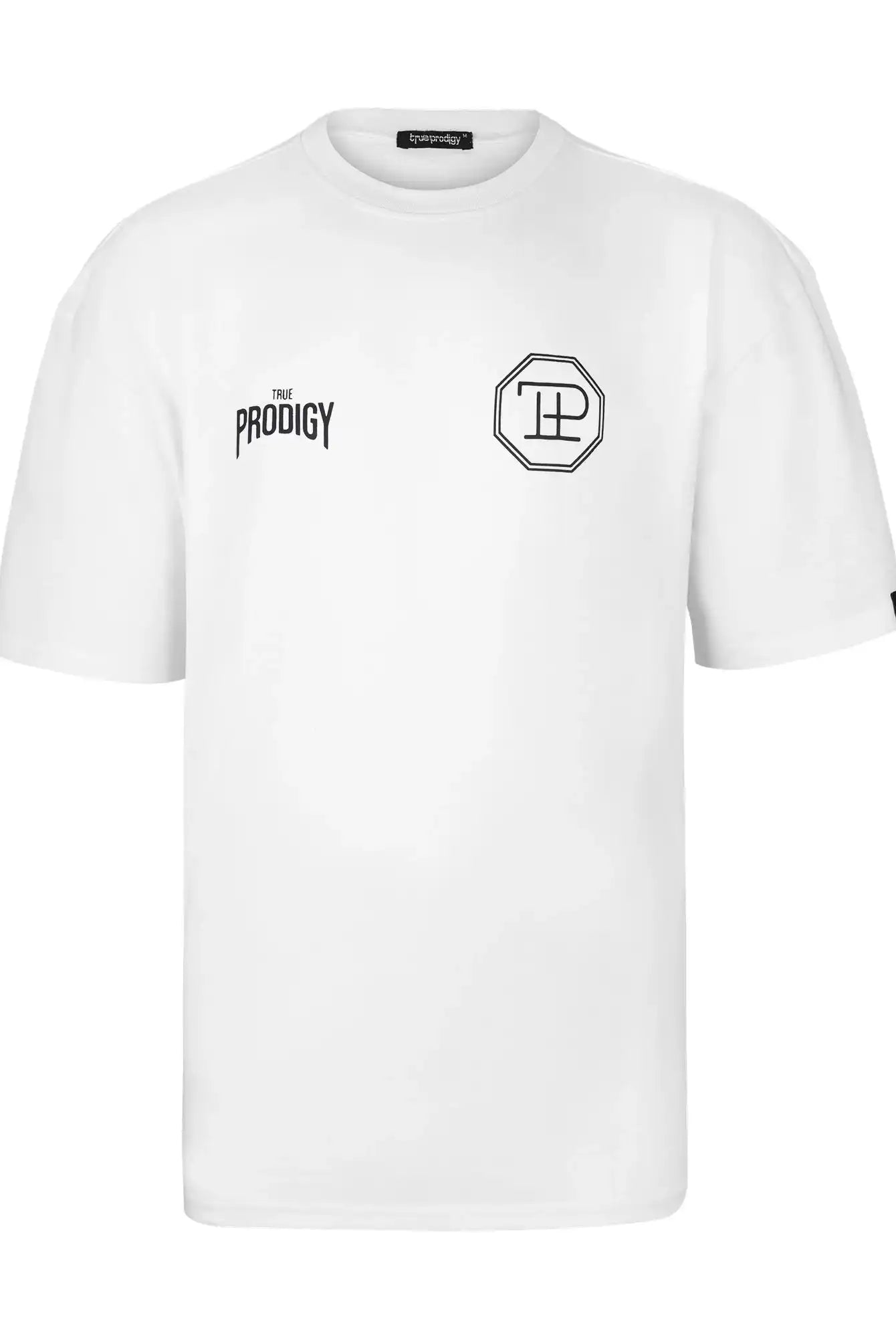 Das Robin Oversized T-Shirt mit Druck von trueprodigy ist ein weißes Unisex-T-Shirt aus schwerem Jersey mit THE PRODIGY-Schriftzug auf der linken Brustseite, einem schwarzen, achteckigen Logo auf der rechten Seite, Rundhalsausschnitt, kurzen Ärmeln und ohne sichtbare Muster.