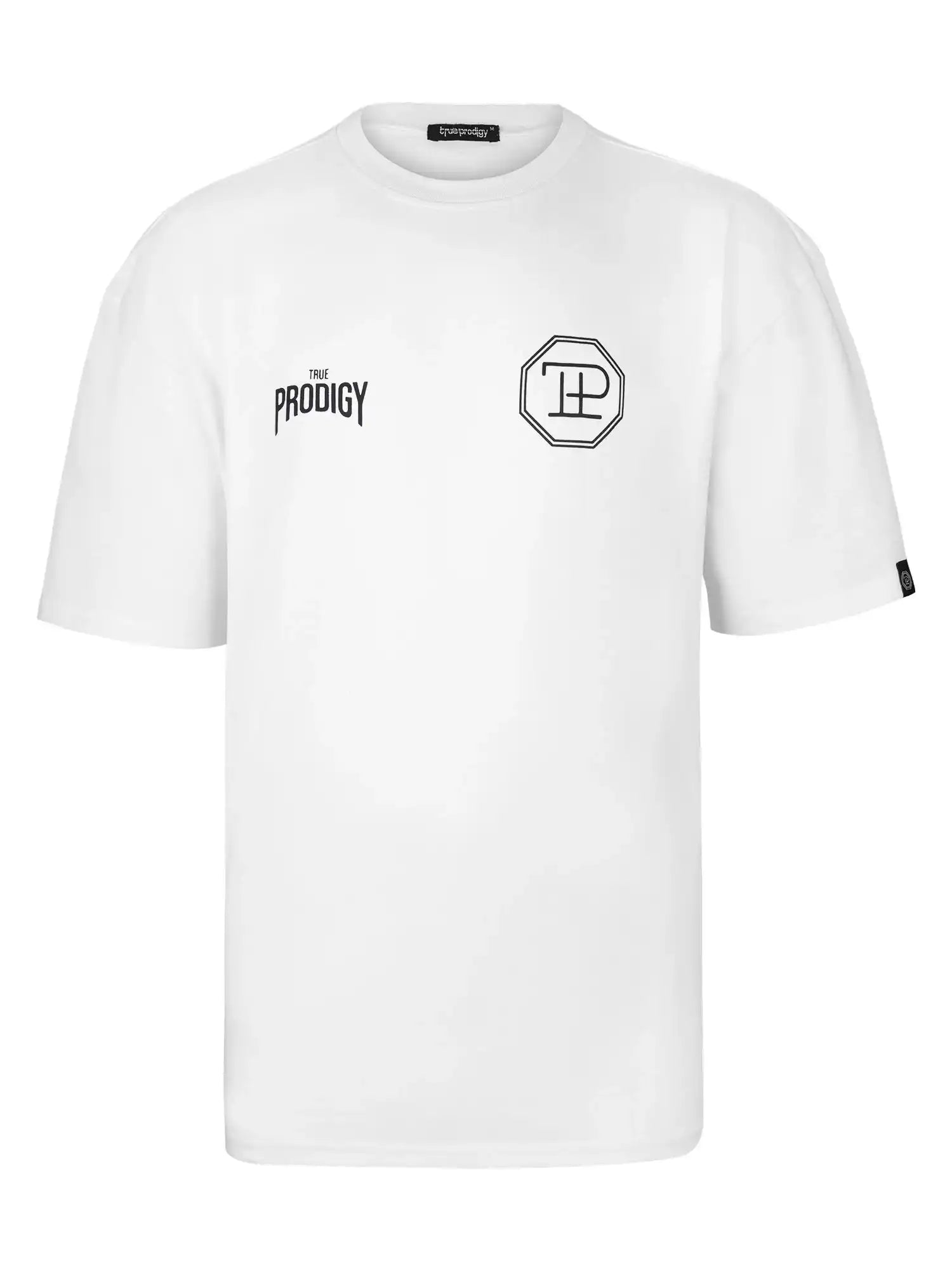 Das Robin Oversized T-Shirt mit Druck von trueprodigy ist ein weißes Unisex-T-Shirt aus schwerem Jersey mit THE PRODIGY-Schriftzug auf der linken Brustseite, einem schwarzen, achteckigen Logo auf der rechten Seite, Rundhalsausschnitt, kurzen Ärmeln und ohne sichtbare Muster.