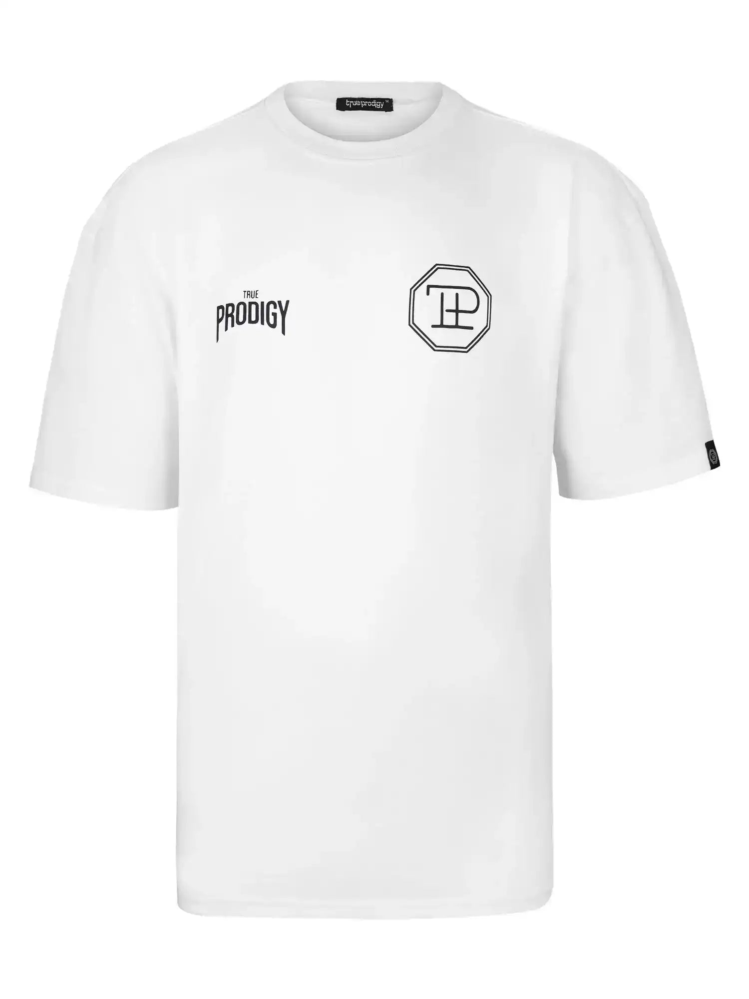 Das Robin Oversized T-Shirt mit Druck von trueprodigy ist ein weißes Unisex-T-Shirt aus schwerem Jersey mit THE PRODIGY-Schriftzug auf der linken Brustseite, einem schwarzen, achteckigen Logo auf der rechten Seite, Rundhalsausschnitt, kurzen Ärmeln und ohne sichtbare Muster.