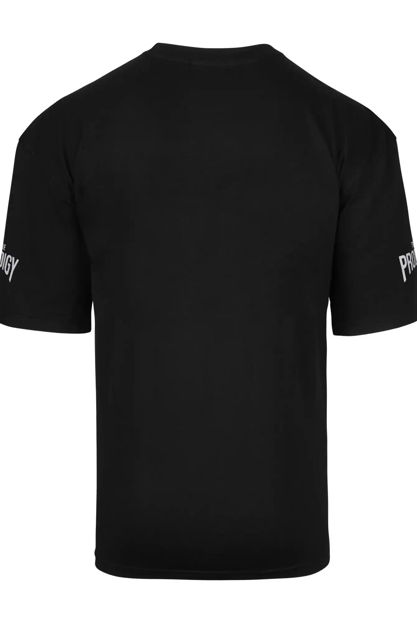 Das trueprodigy Dilan Oversized T-Shirt mit Druck ist ein schlichtes schwarzes Unisex-T-Shirt aus schwerem Jersey, das von hinten gezeigt wird. Der weiße Druck ist teilweise auf beiden Ärmeln sichtbar, auf der Rückseite gibt es keine Designs oder Logos.