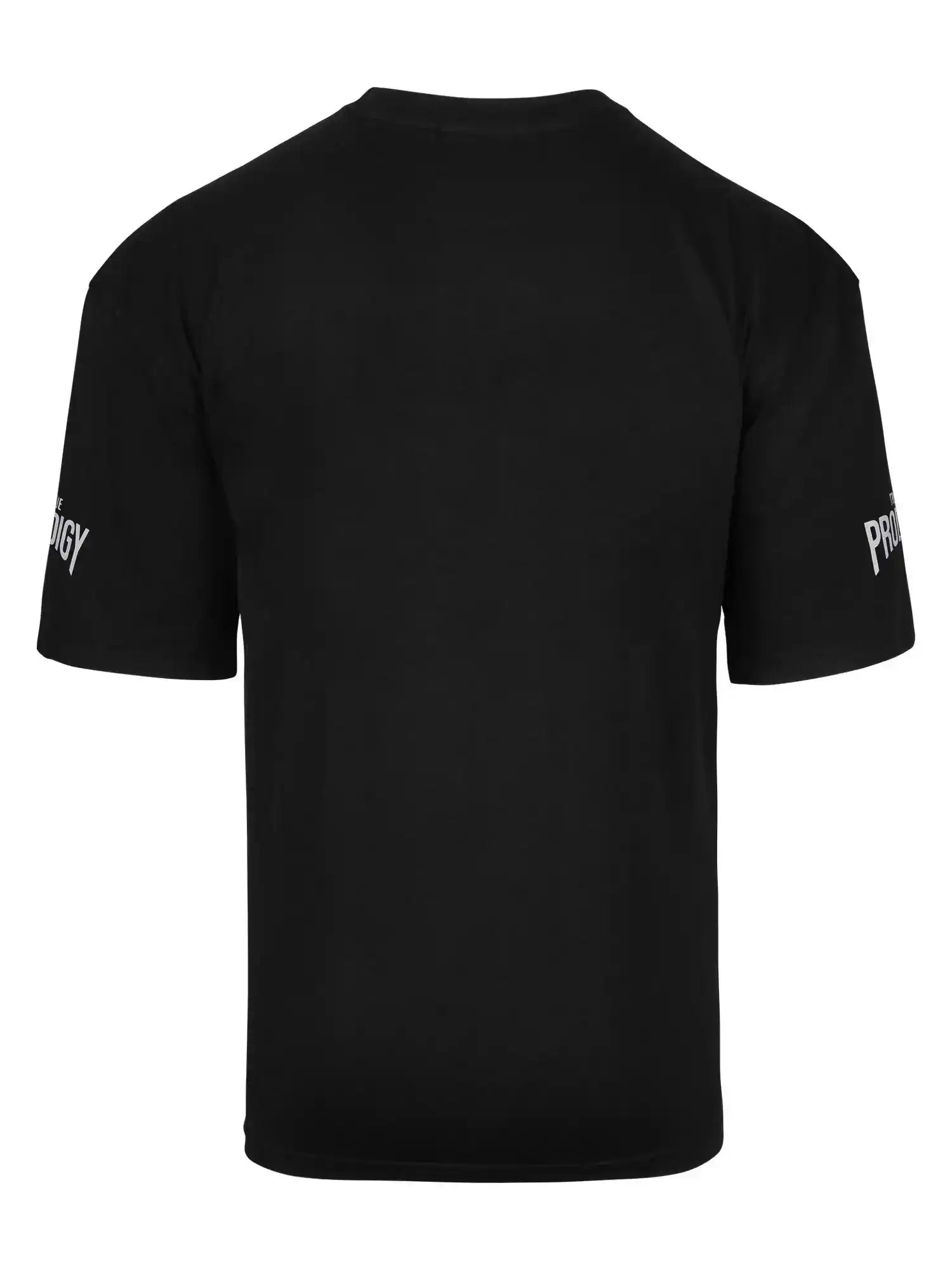Das trueprodigy Dilan Oversized T-Shirt mit Druck ist ein schlichtes schwarzes Unisex-T-Shirt aus schwerem Jersey, das von hinten gezeigt wird. Der weiße Druck ist teilweise auf beiden Ärmeln sichtbar, auf der Rückseite gibt es keine Designs oder Logos.