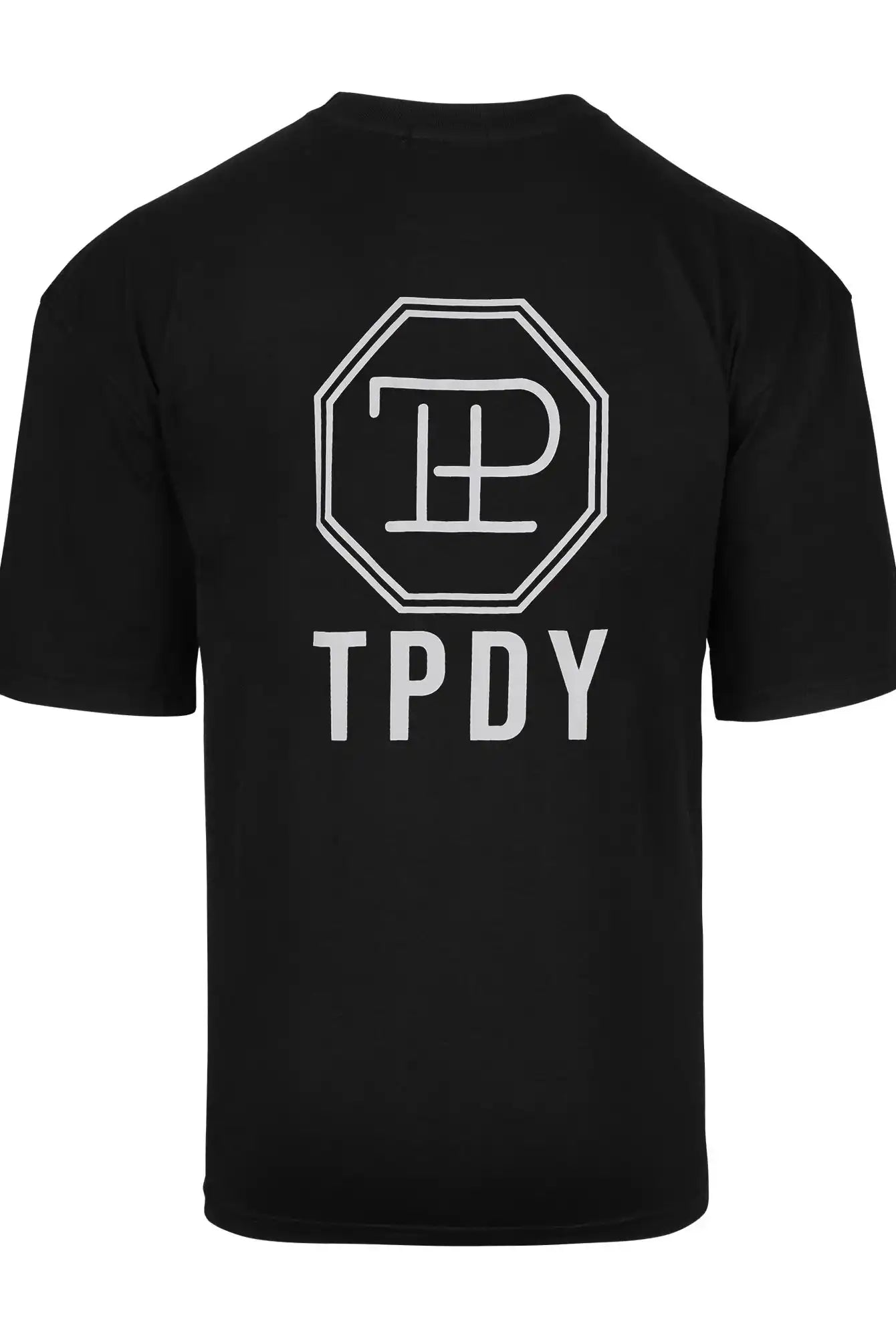 Das schwarze Maxime Oversized T-Shirt mit Druck von trueprodigy zeigt auf der Rückseite ein weiß umrandetes achteckiges Logo mit "TP" innen und einem fetten "TPDY"-Schriftzug darunter.