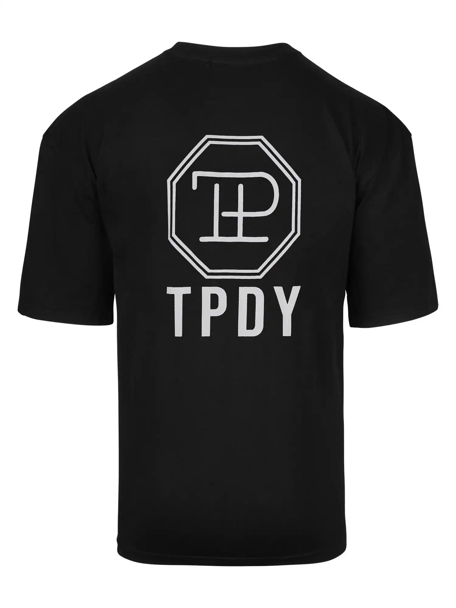 Das schwarze Maxime Oversized T-Shirt mit Druck von trueprodigy zeigt auf der Rückseite ein weiß umrandetes achteckiges Logo mit "TP" innen und einem fetten "TPDY"-Schriftzug darunter.