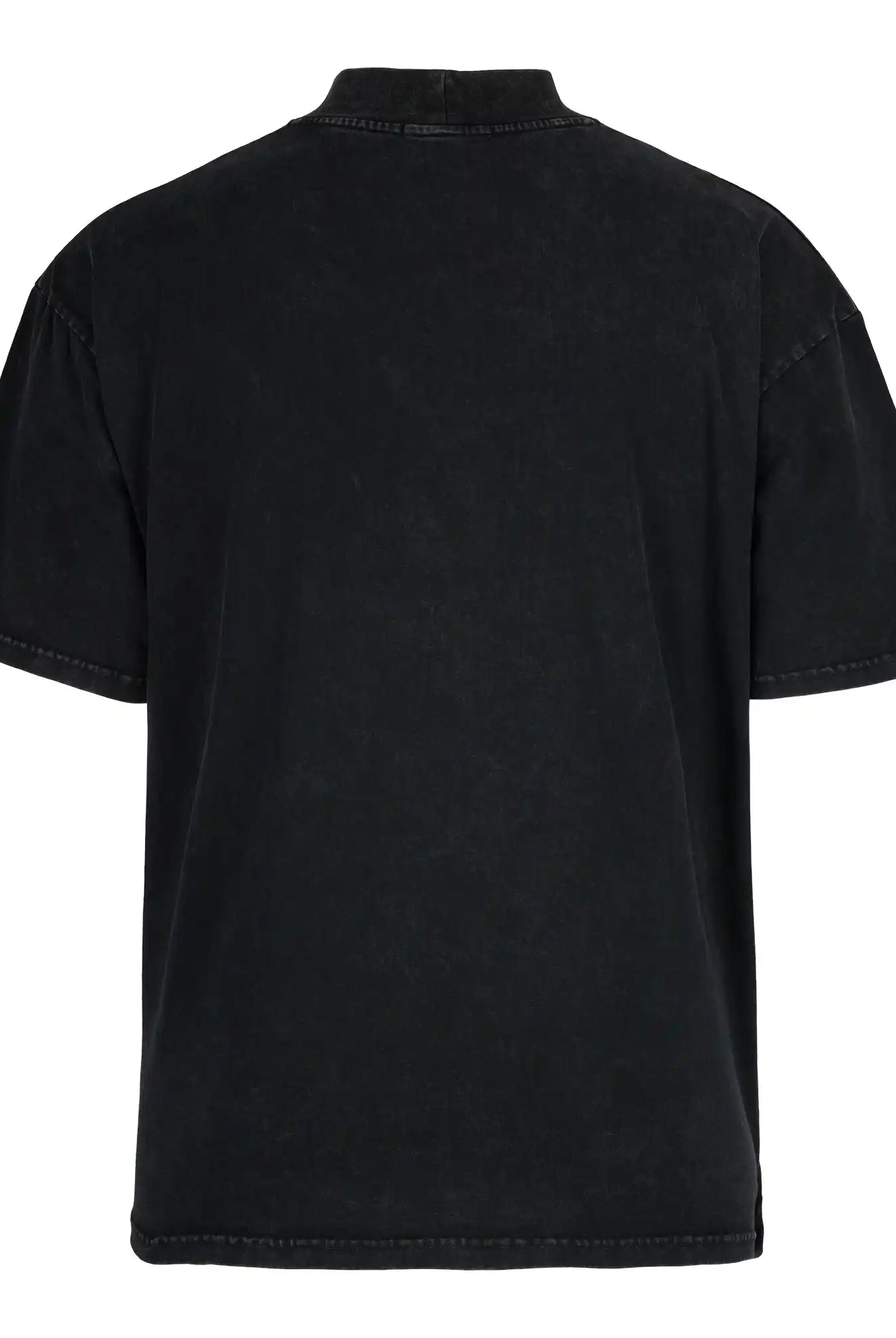 Das trueprodigy Phoenix Oversized T-Shirt mit Stehkragen ist ein schlichtes, schwarzes, kurzärmeliges Shirt mit geradem Saum und minimalen Nähten, gefertigt aus schwerem Jersey-Stoff für hohen Tragekomfort und von hinten gesehen.