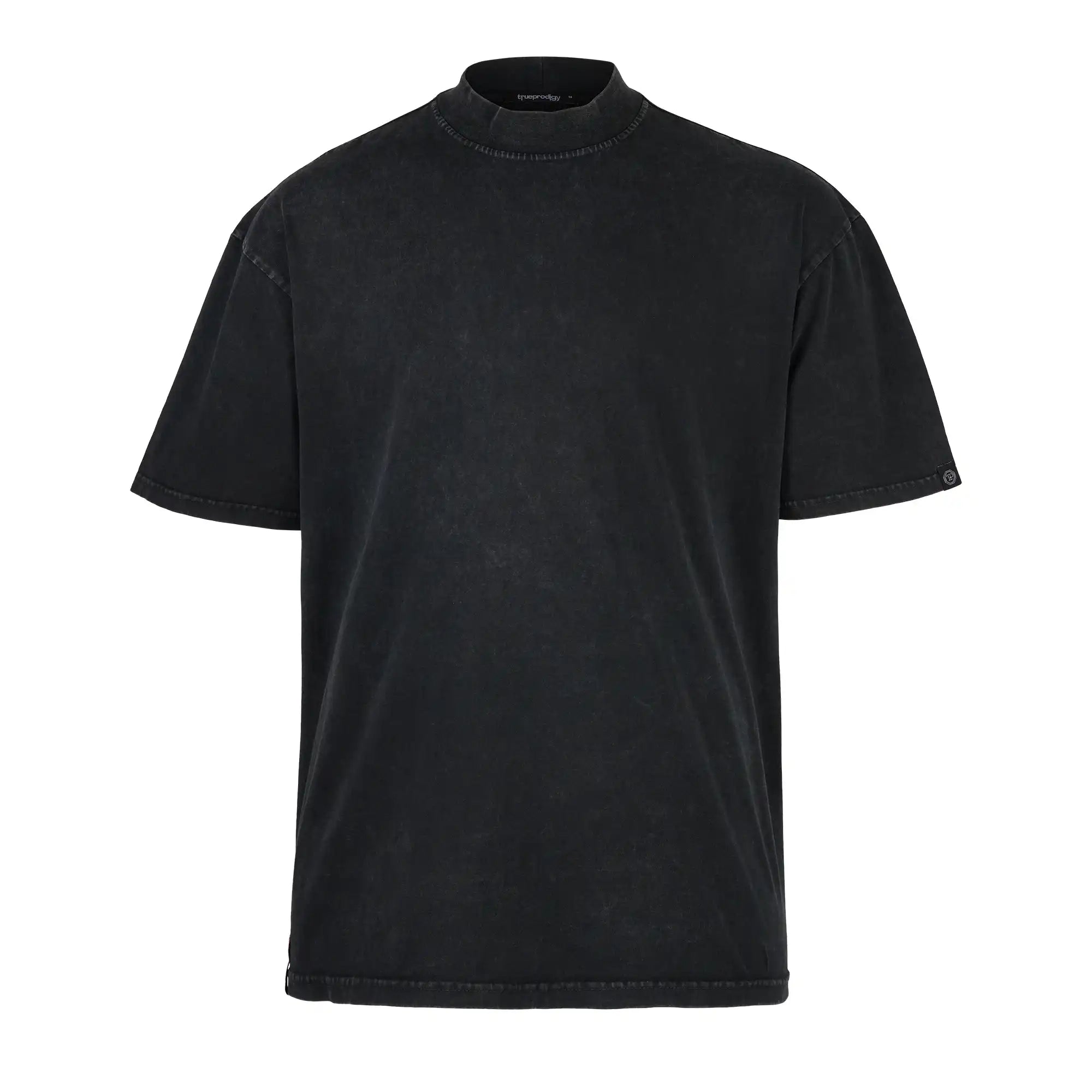 Das trueprodigy Phoenix Oversized T-Shirt mit Stehkragen ist ein schwarzes Unisex-T-Shirt aus schwerem Jersey mit hohem Rundhalsausschnitt, kurzen Ärmeln und einer leicht verblassten Textur auf weißem Hintergrund.