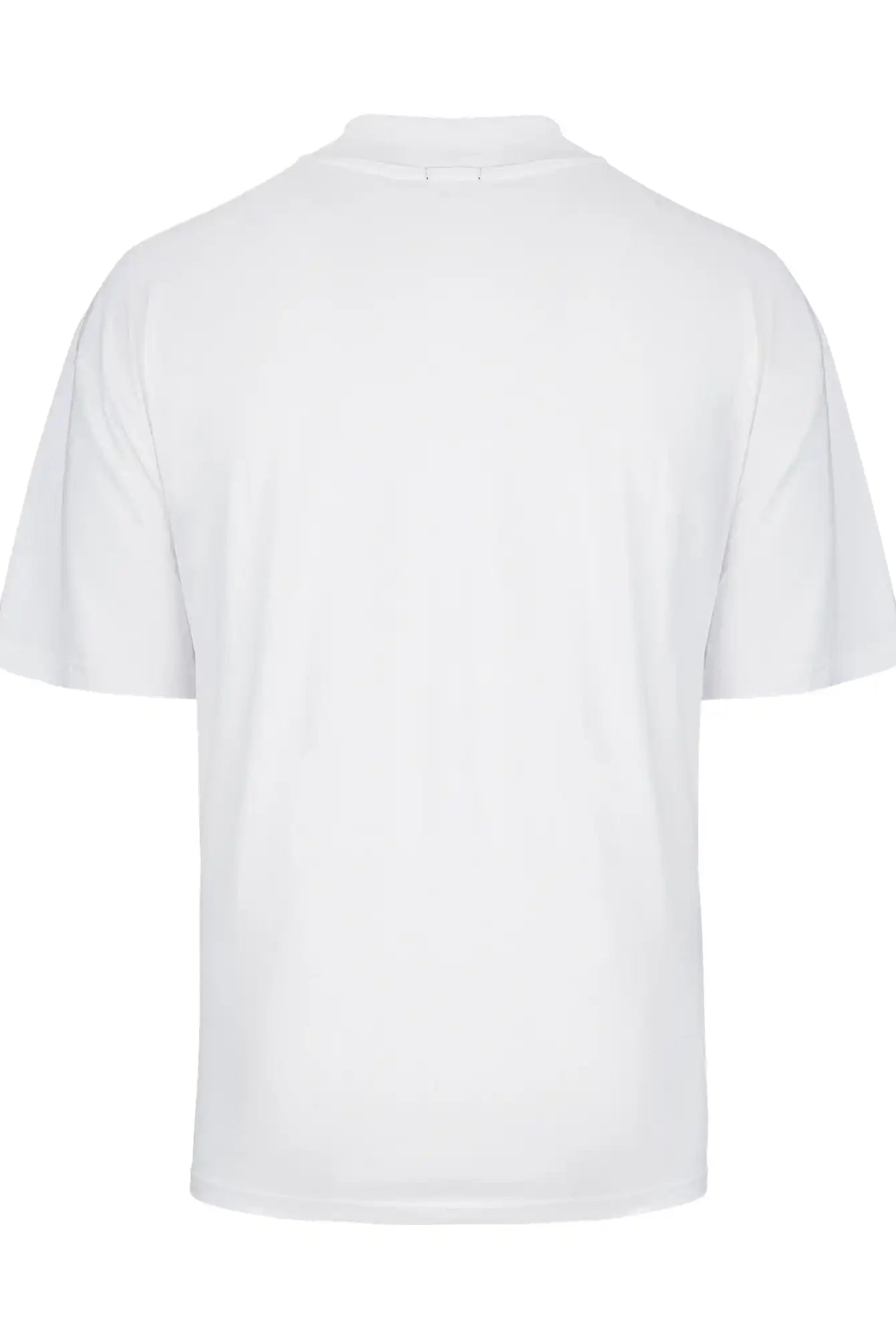 Das trueprodigy Phoenix Oversized T-Shirt mit Stehkragen ist ein schlichtes, weißes Kurzarm-Shirt mit normaler Passform, das von hinten auf weißem Hintergrund abgebildet ist und kein sichtbares Branding oder Design aufweist.