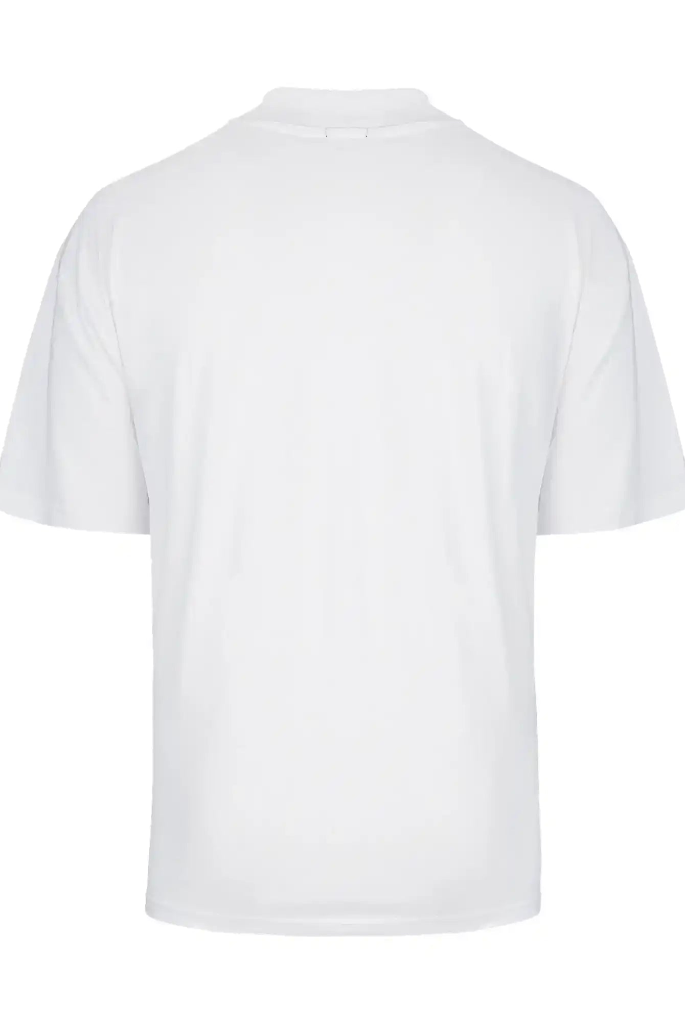 Das trueprodigy Phoenix Oversized T-Shirt mit Stehkragen ist ein schlichtes, weißes Kurzarm-Shirt mit normaler Passform, das von hinten auf weißem Hintergrund abgebildet ist und kein sichtbares Branding oder Design aufweist.