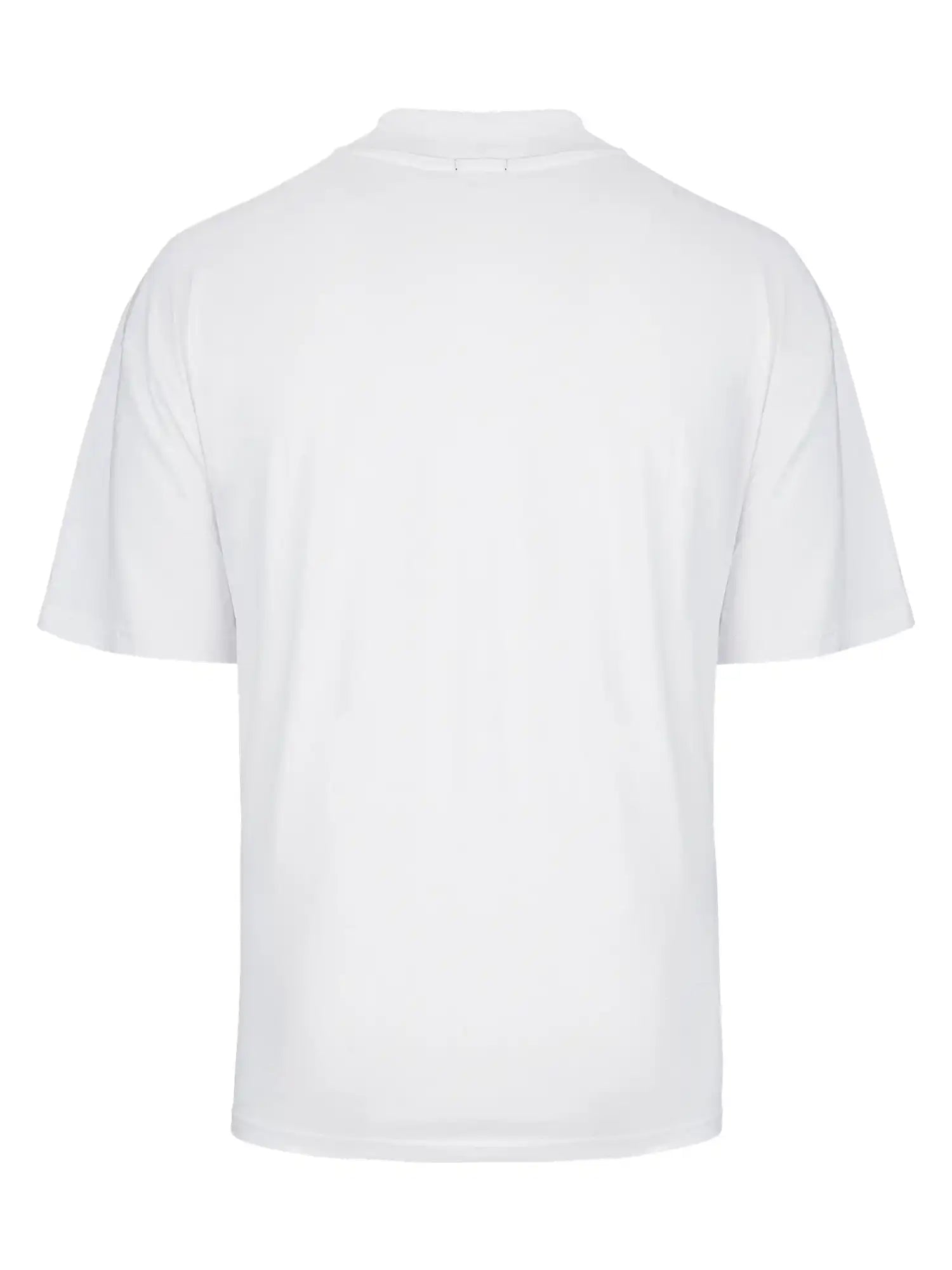 Das trueprodigy Phoenix Oversized T-Shirt mit Stehkragen ist ein schlichtes, weißes Kurzarm-Shirt mit normaler Passform, das von hinten auf weißem Hintergrund abgebildet ist und kein sichtbares Branding oder Design aufweist.