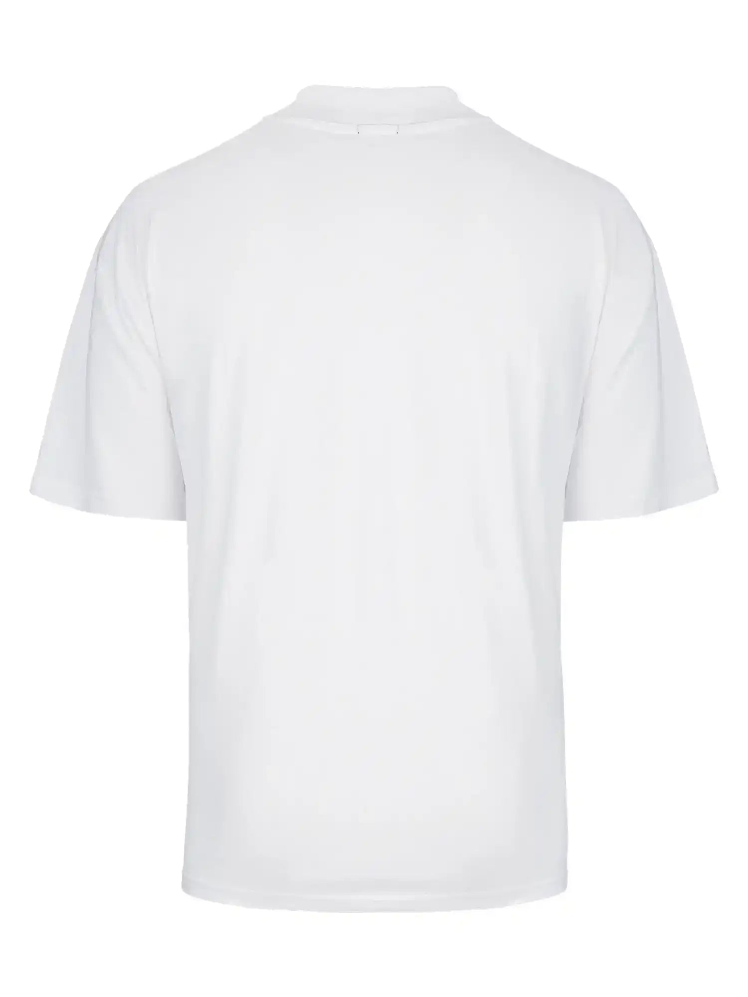 Das trueprodigy Phoenix Oversized T-Shirt mit Stehkragen ist ein schlichtes, weißes Kurzarm-Shirt mit normaler Passform, das von hinten auf weißem Hintergrund abgebildet ist und kein sichtbares Branding oder Design aufweist.