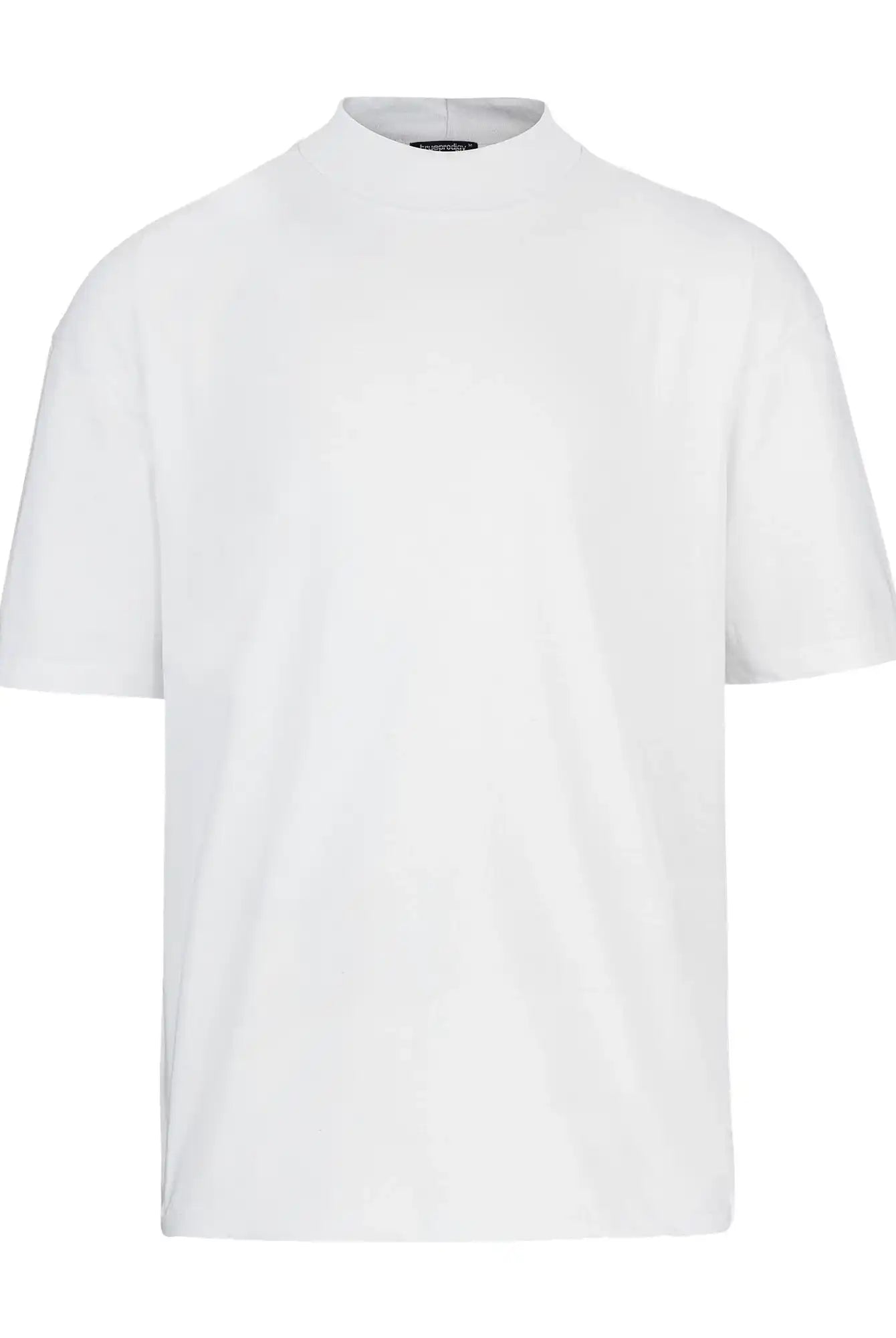 Das trueprodigy Phoenix Oversized T-Shirt mit Stehkragen ist ein schlichtes, weißes, kurzärmeliges T-Shirt mit lässiger, übergroßer Passform und Rundhalsausschnitt, das auf weißem Hintergrund ohne sichtbare Logos oder Designs gezeigt wird.