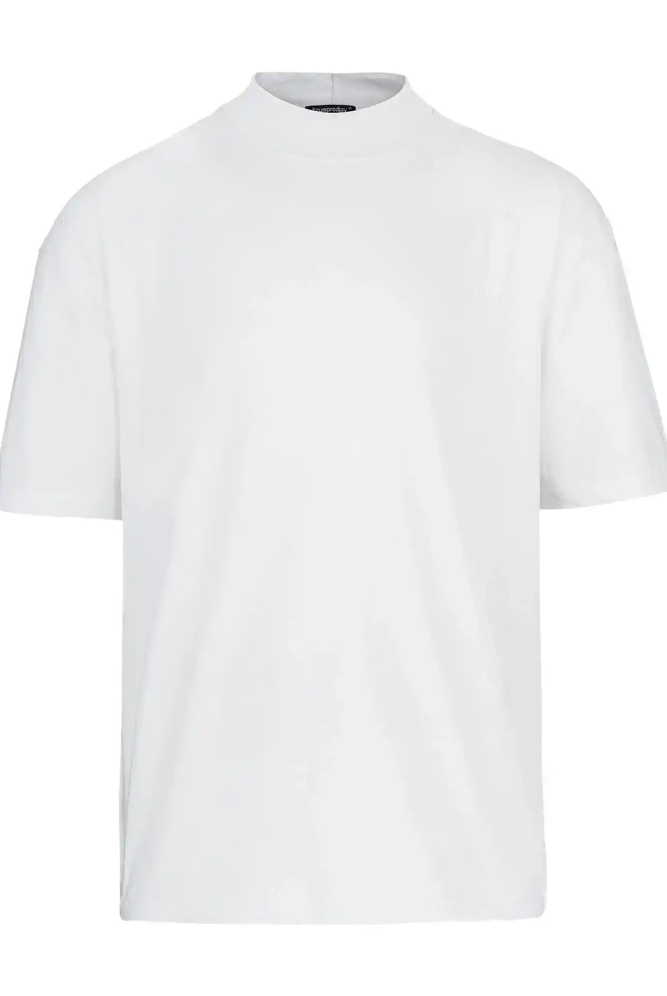 Das trueprodigy Phoenix Oversized T-Shirt mit Stehkragen ist ein schlichtes, weißes, kurzärmeliges T-Shirt mit lässiger, übergroßer Passform und Rundhalsausschnitt, das auf weißem Hintergrund ohne sichtbare Logos oder Designs gezeigt wird.