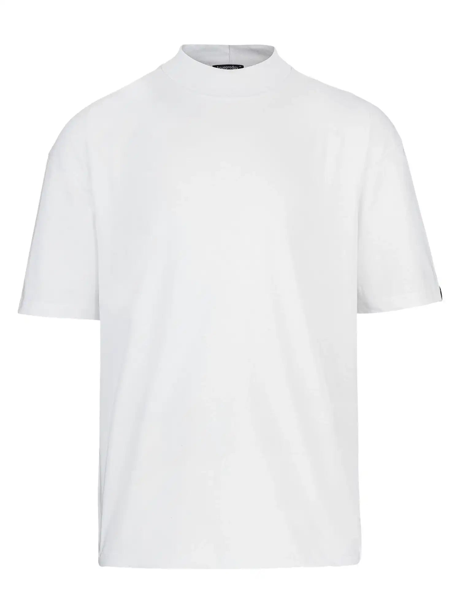 Das trueprodigy Phoenix Oversized T-Shirt mit Stehkragen ist ein schlichtes, weißes, kurzärmeliges T-Shirt mit lässiger, übergroßer Passform und Rundhalsausschnitt, das auf weißem Hintergrund ohne sichtbare Logos oder Designs gezeigt wird.