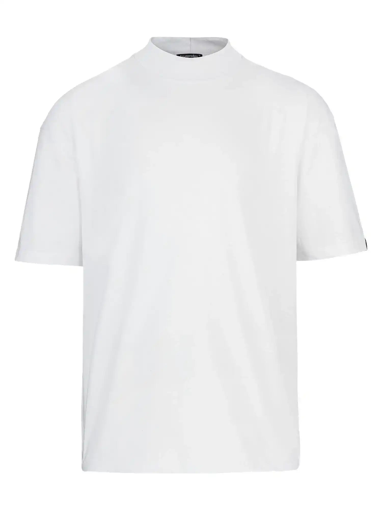 Das trueprodigy Phoenix Oversized T-Shirt mit Stehkragen ist ein schlichtes, weißes, kurzärmeliges T-Shirt mit lässiger, übergroßer Passform und Rundhalsausschnitt, das auf weißem Hintergrund ohne sichtbare Logos oder Designs gezeigt wird.