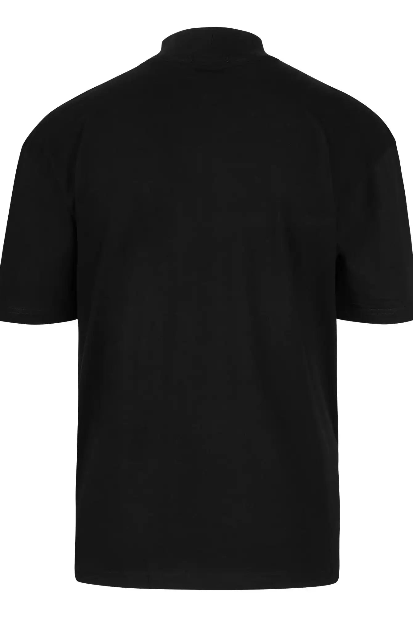 Das Phoenix Oversized T-Shirt mit Stehkragen von trueprodigy ist ein minimalistisches Heavy-Jersey-T-Shirt in schlichtem Schwarz, übergroß mit kurzen Ärmeln, von hinten auf weißem Grund und frei von sichtbaren Logos oder Mustern.