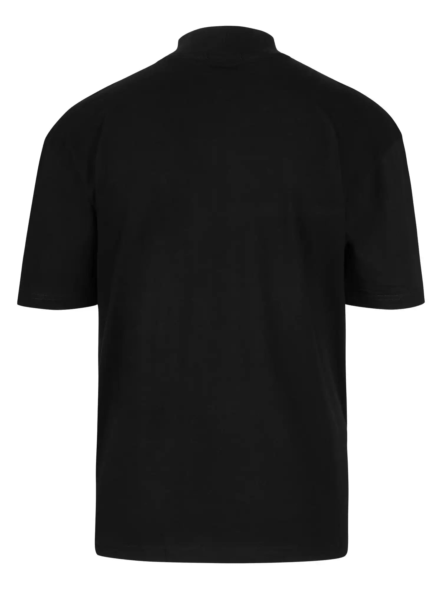 Das Phoenix Oversized T-Shirt mit Stehkragen von trueprodigy ist ein minimalistisches Heavy-Jersey-T-Shirt in schlichtem Schwarz, übergroß mit kurzen Ärmeln, von hinten auf weißem Grund und frei von sichtbaren Logos oder Mustern.