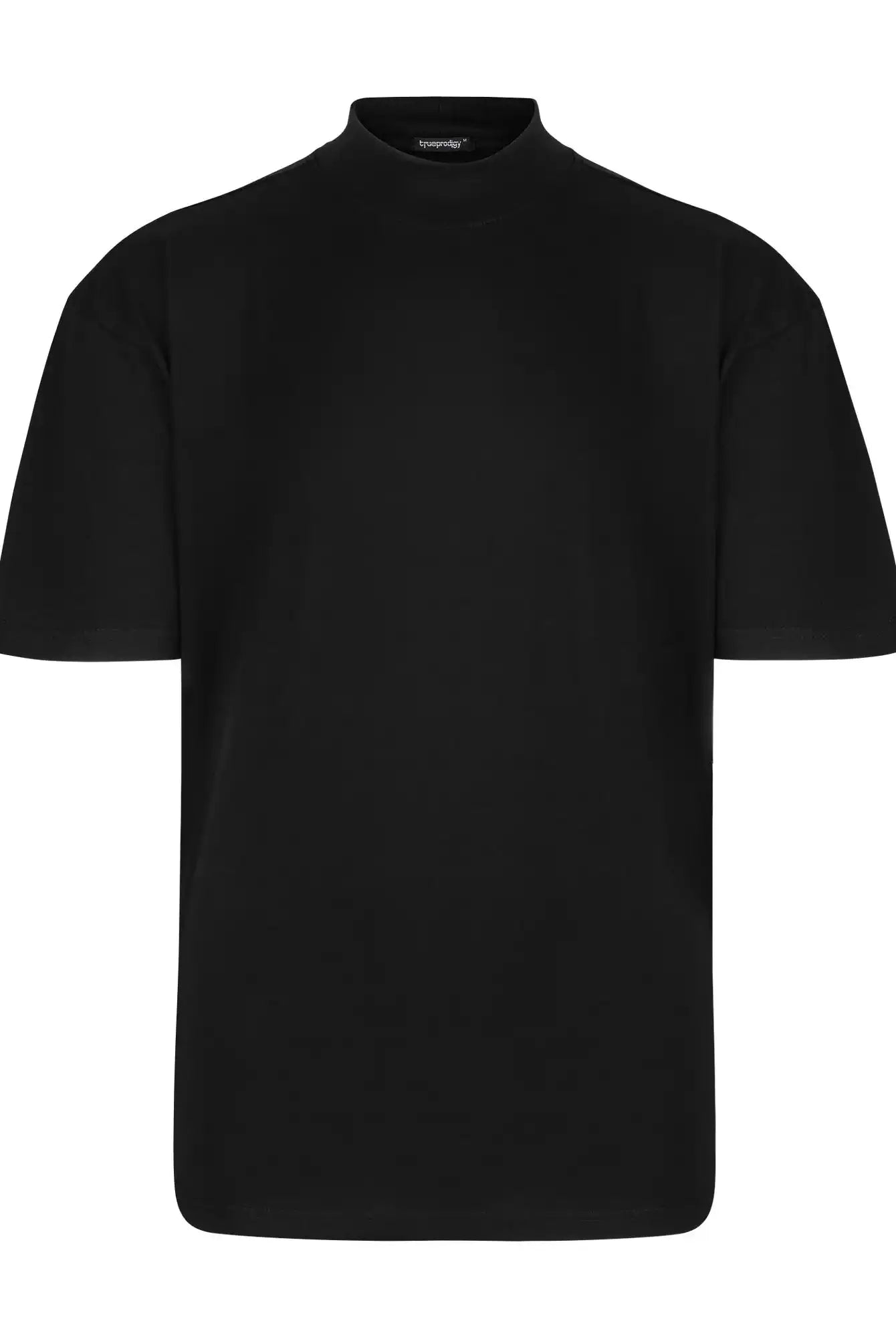 Das Phoenix Oversized T-Shirt mit Stehkragen von trueprodigy ist vor einem weißen Hintergrund abgebildet. Dieses schlichte schwarze Shirt hat eine übergroße Passform, kurze Ärmel, einen Stehkragen und einen schweren Jersey-Stoff ohne sichtbare Logos oder Muster.