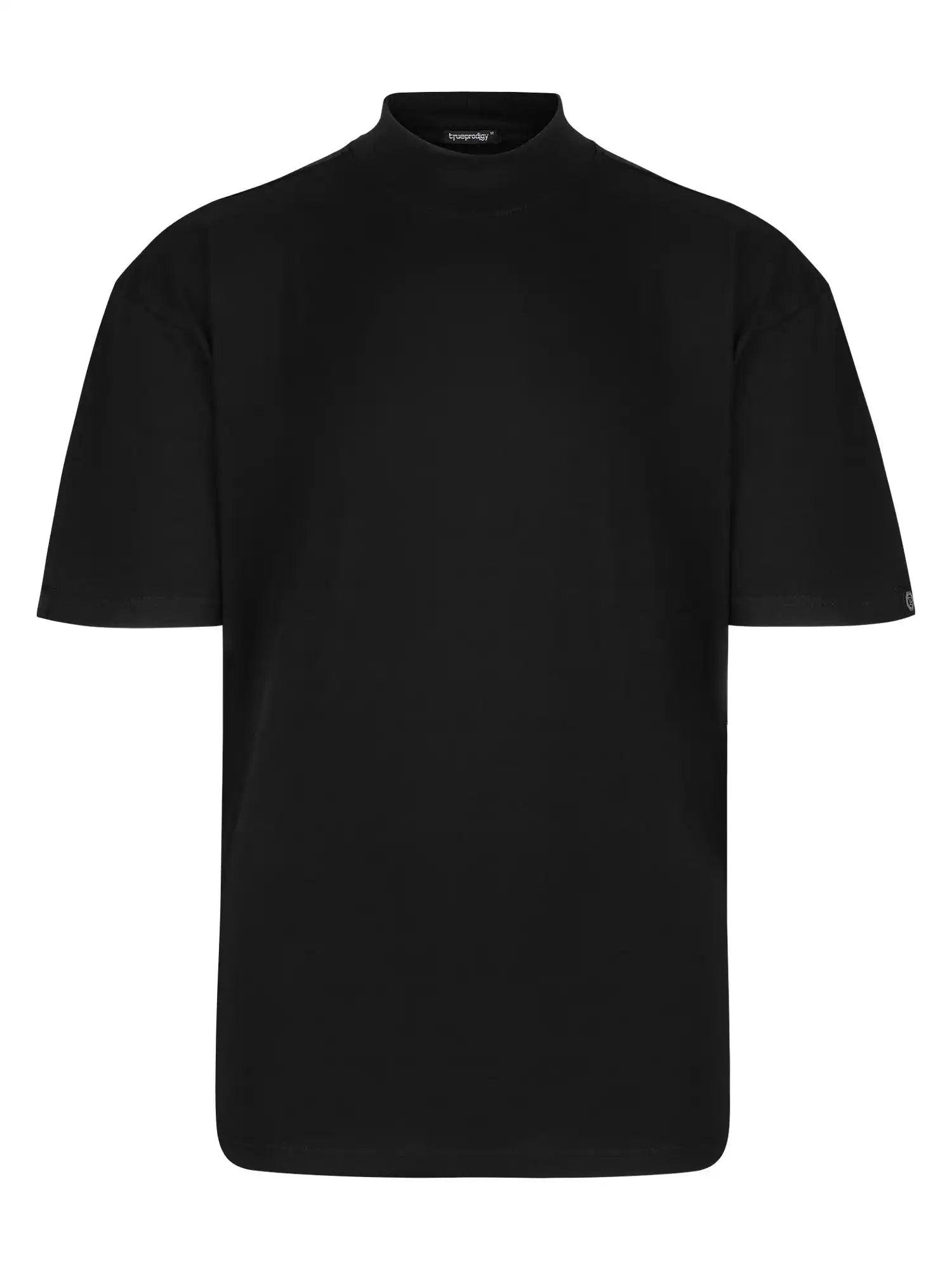 Das Phoenix Oversized T-Shirt mit Stehkragen von trueprodigy ist vor einem weißen Hintergrund abgebildet. Dieses schlichte schwarze Shirt hat eine übergroße Passform, kurze Ärmel, einen Stehkragen und einen schweren Jersey-Stoff ohne sichtbare Logos oder Muster.