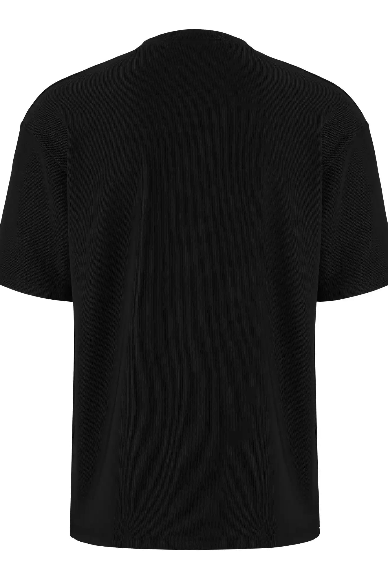 Das Mateo Oversized T-Shirt mit Stickerei von trueprodigy zeigt sich von hinten vor weißem Hintergrund. Dieses schwarze Essential hat eine dezente Rippstruktur und keine sichtbaren Logos, Muster oder Designs.