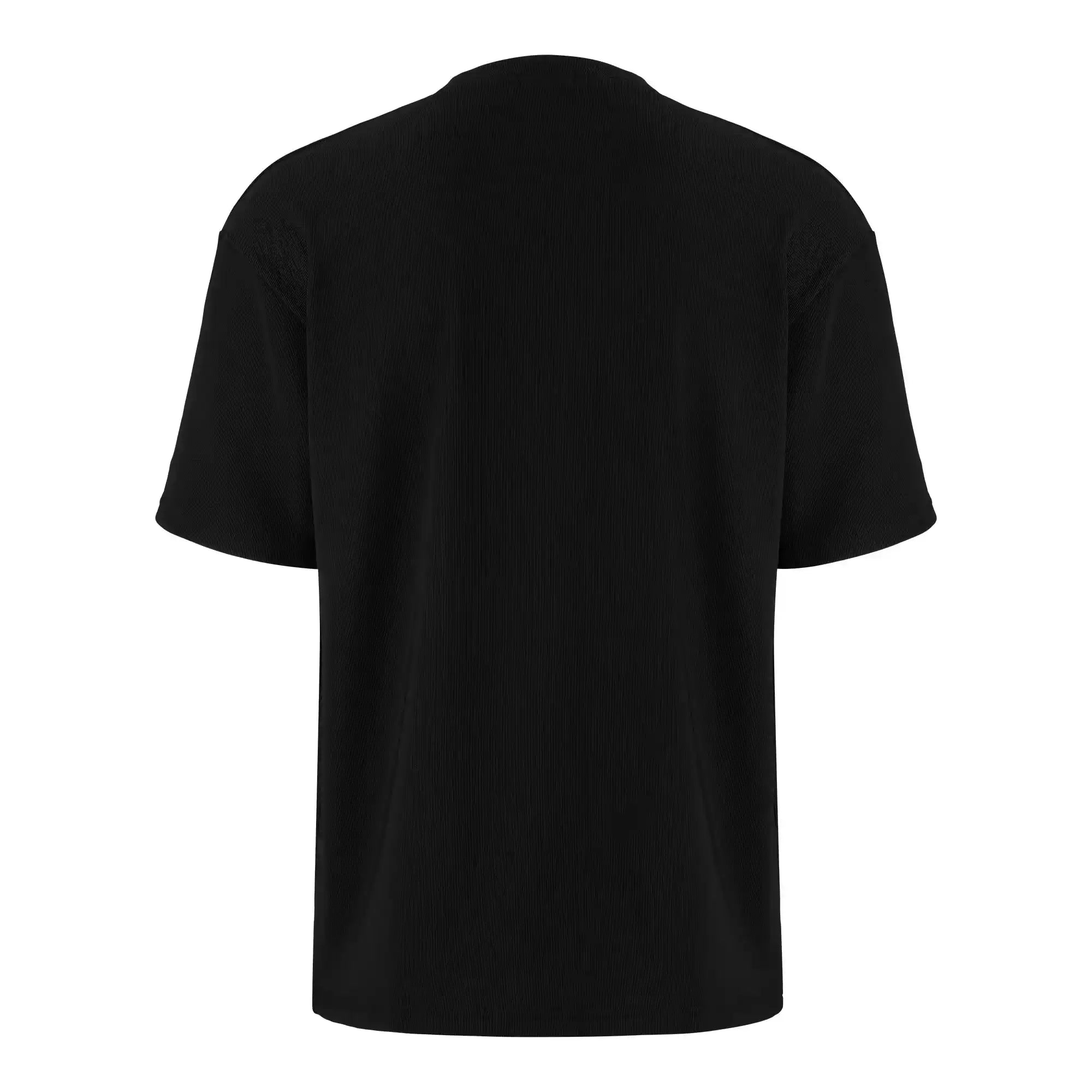 Das Mateo Oversized T-Shirt mit Stickerei von trueprodigy zeigt sich von hinten vor weißem Hintergrund. Dieses schwarze Essential hat eine dezente Rippstruktur und keine sichtbaren Logos, Muster oder Designs.