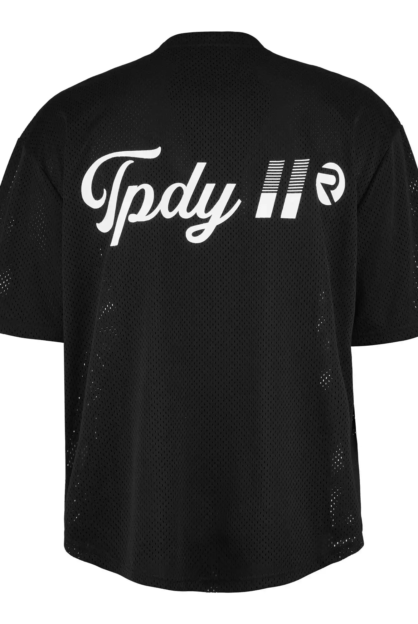 Das Daniel Oversized T-Shirt mit Druck von trueprodigy zeigt sich von hinten in schwarzem Mesh, mit dem Schriftzug "Tpdy" in Schreibschrift, zwei weißen parallelen Balken und einem kreisförmigen Logo quer über die Schultern für einen ausgeprägten Vintage-Look.