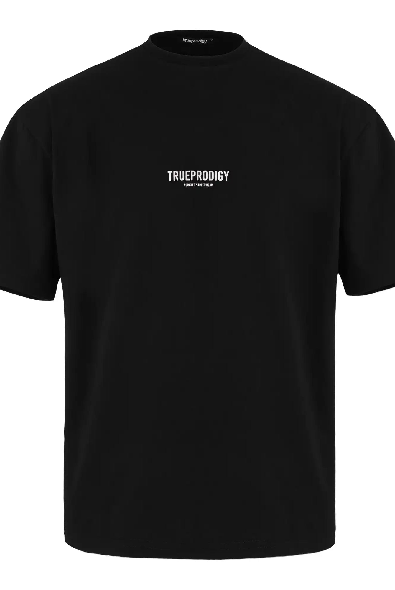Das Oliver Oversized T-Shirt mit Druck von trueprodigy ist ein schlichtes, schwarzes Unisex-T-Shirt aus schwerem Jersey mit dem Aufdruck "TRUEPRODIGY" und "INSPIRED BY IDEAS" in weiß auf der Brust, abgebildet auf weißem Hintergrund.