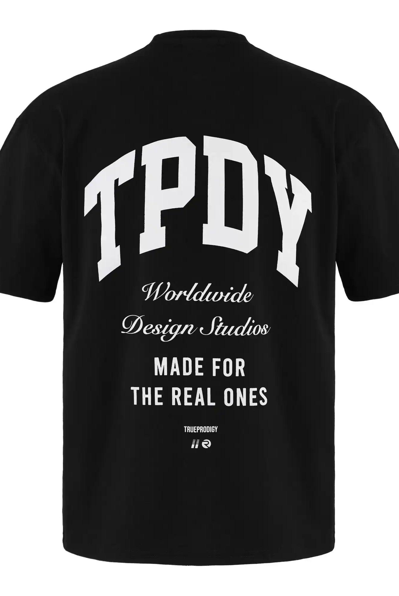 Das Elijah Oversized T-Shirt mit Druck von trueprodigy ist ein Unisex-T-Shirt aus schwerem Jersey mit großen weißen Buchstaben TPDY auf dem Rücken, dem Schriftzug Worldwide Design Studios und dem fetten Text MADE FOR THE REAL ONES mit zwei kleinen Logos.