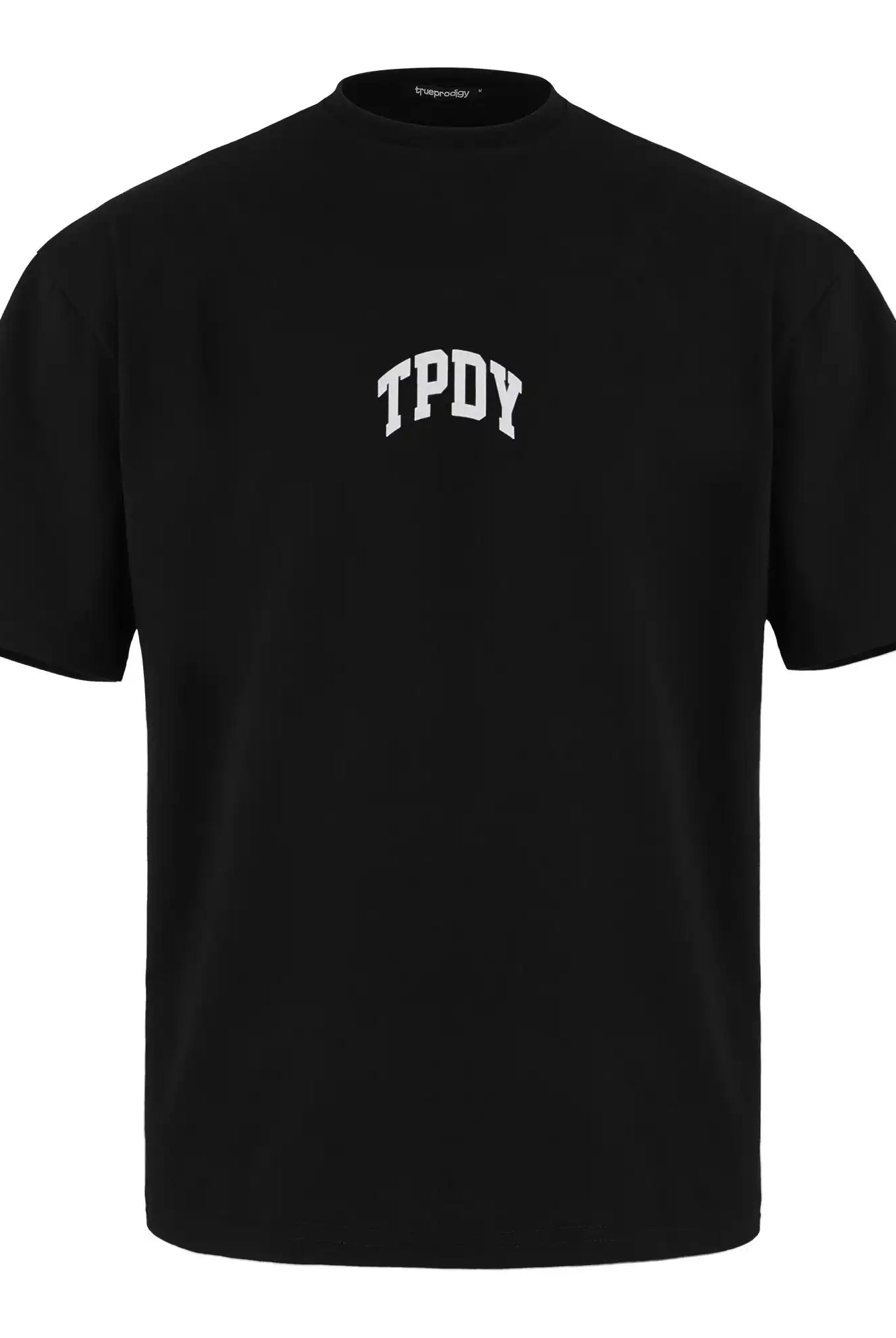 Das Elijah Oversized T-Shirt mit Druck von trueprodigy ist ein schlichtes, schwarzes Unisex-T-Shirt aus schwerem Jersey, das den Schriftzug "TPDY" in fetten, weißen Bogen auf der Brust vor weißem Hintergrund zeigt.