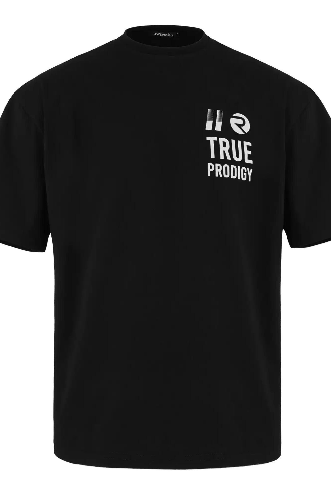 Das Peter Oversized T-Shirt mit Druck von trueprodigy ist ein schwarzes Unisex-Trikot mit kurzen Ärmeln, dem Schriftzug "TRUE PRODIGY" und zwei weißen Grafiken auf der linken oberen Brust, die flach auf einem einfarbig weißen Hintergrund abgebildet sind.