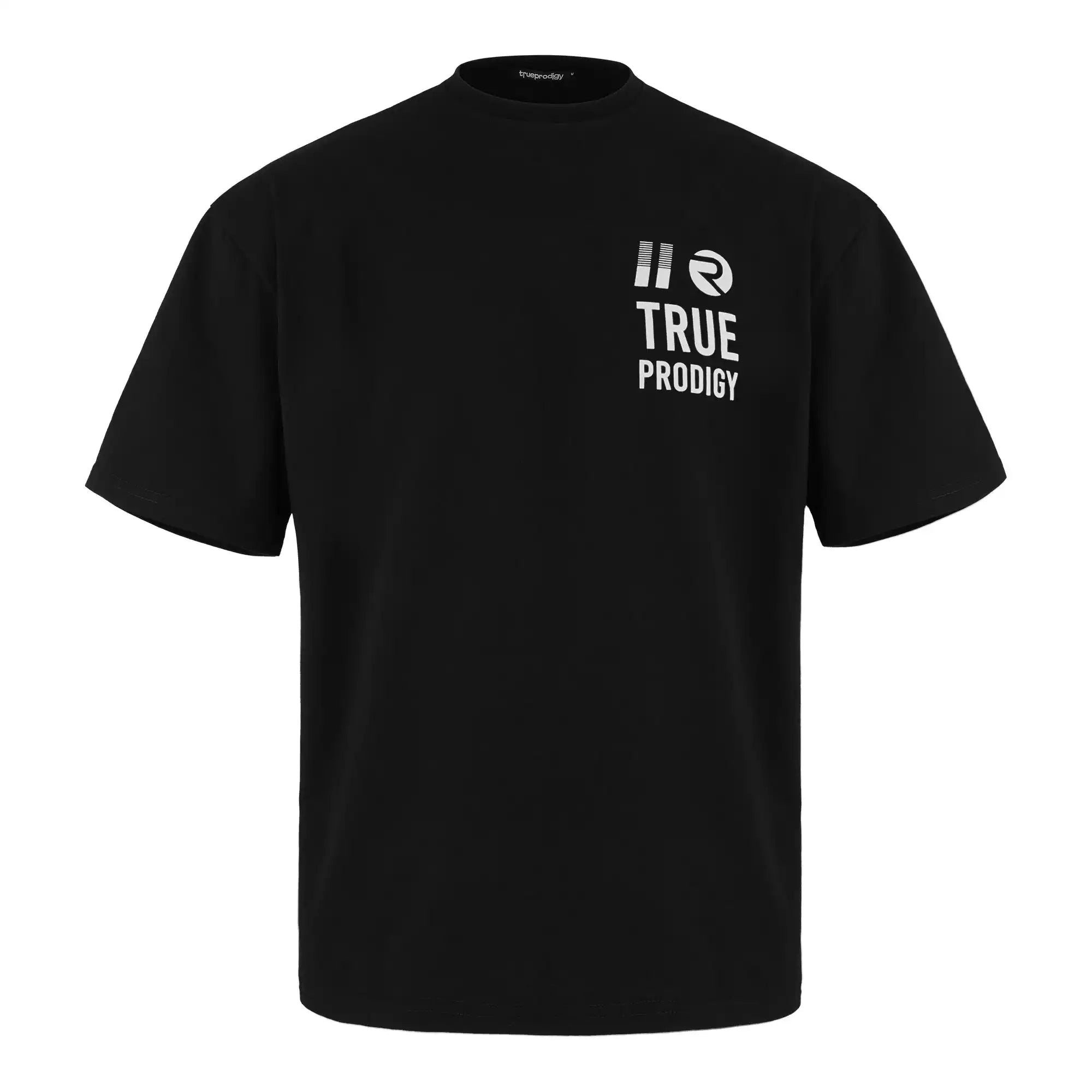 Das Peter Oversized T-Shirt mit Druck von trueprodigy ist ein schwarzes Unisex-Trikot mit kurzen Ärmeln, dem Schriftzug "TRUE PRODIGY" und zwei weißen Grafiken auf der linken oberen Brust, die flach auf einem einfarbig weißen Hintergrund abgebildet sind.