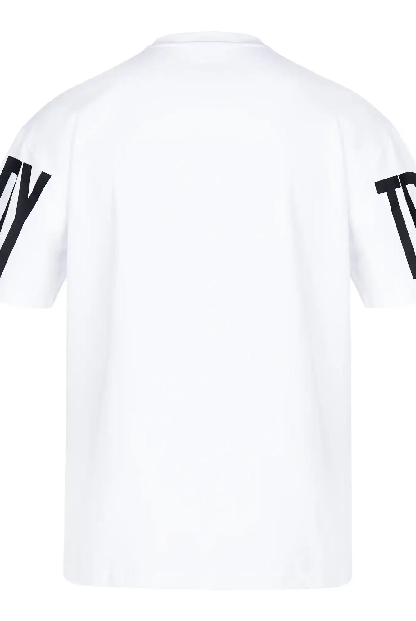 Das Viktor Oversize-Herren-T-Shirt von trueprodigy ist ein schlichtes weißes Unisex-Shirt mit schwarzem DY auf dem linken und TP auf dem rechten Ärmel. Es ist aus schwerem Jersey gefertigt, hat Prints auf der Vorderseite und den Ärmeln und hat eine übergroße Passform ohne weitere sichtbare Markierungen.