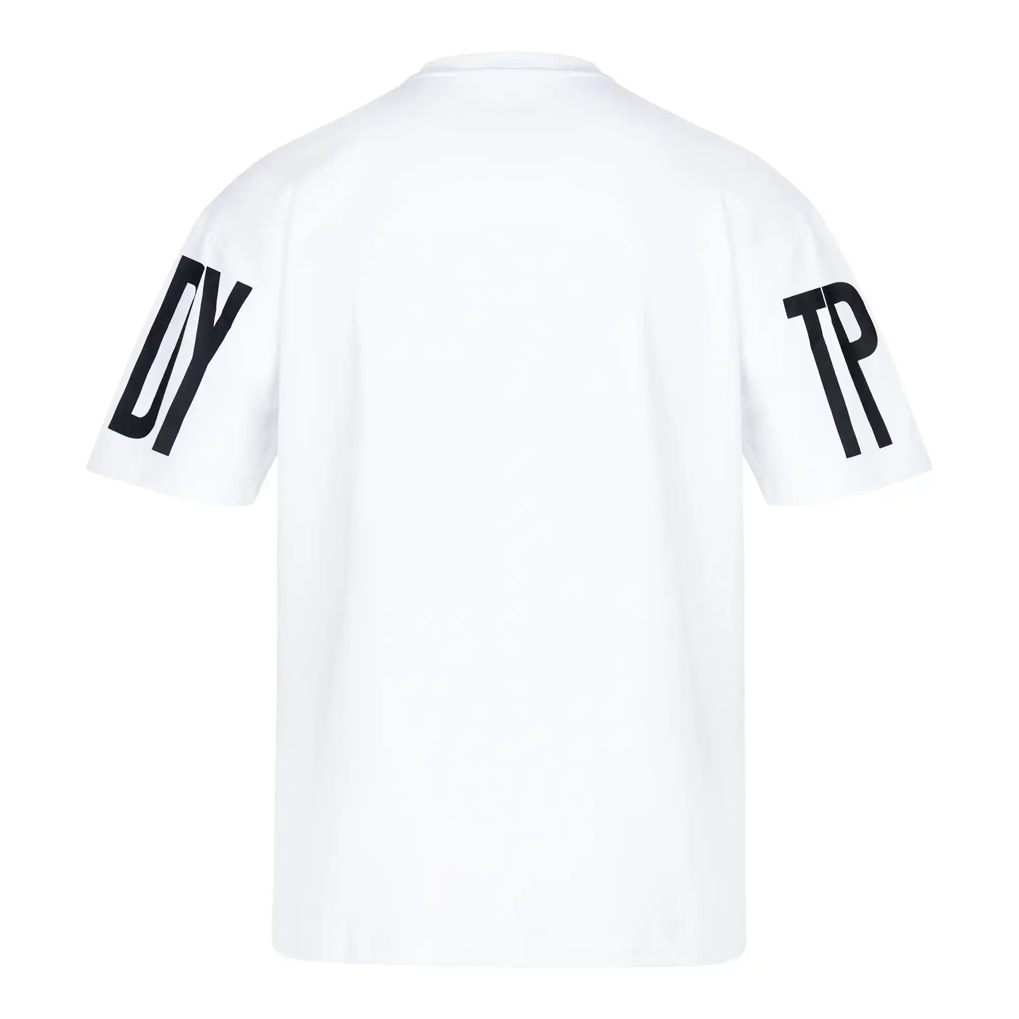 Das Viktor Oversize-Herren-T-Shirt von trueprodigy ist ein schlichtes weißes Unisex-Shirt mit schwarzem DY auf dem linken und TP auf dem rechten Ärmel. Es ist aus schwerem Jersey gefertigt, hat Prints auf der Vorderseite und den Ärmeln und hat eine übergroße Passform ohne weitere sichtbare Markierungen.