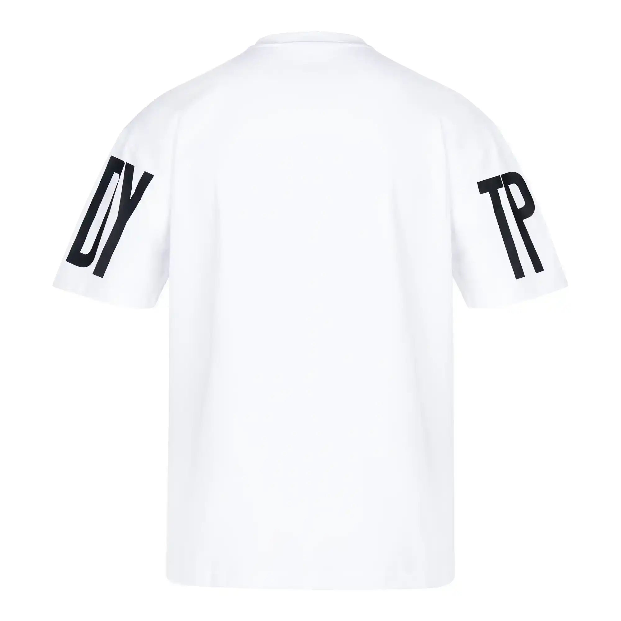 Das Viktor Oversize-Herren-T-Shirt von trueprodigy ist ein schlichtes weißes Unisex-Shirt mit schwarzem DY auf dem linken und TP auf dem rechten Ärmel. Es ist aus schwerem Jersey gefertigt, hat Prints auf der Vorderseite und den Ärmeln und hat eine übergroße Passform ohne weitere sichtbare Markierungen.