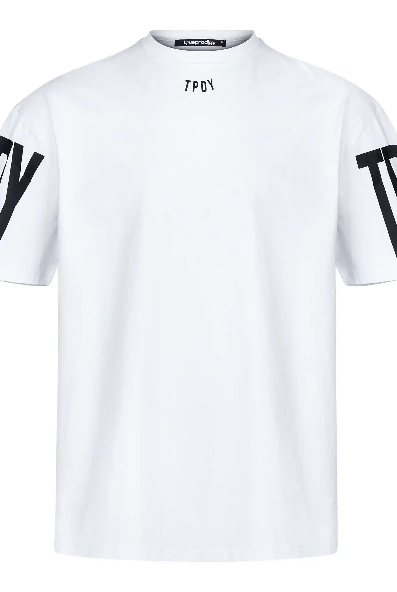 Das Viktor Oversize-Herren-T-Shirt mit Front- und Ärmelprints von trueprodigy ist ein weißes Unisex-Shirt aus schwerem Jersey mit schwarzem TPDY-Print auf der Brust sowie großen TP- und DY-Aufdrucken auf den Ärmeln.