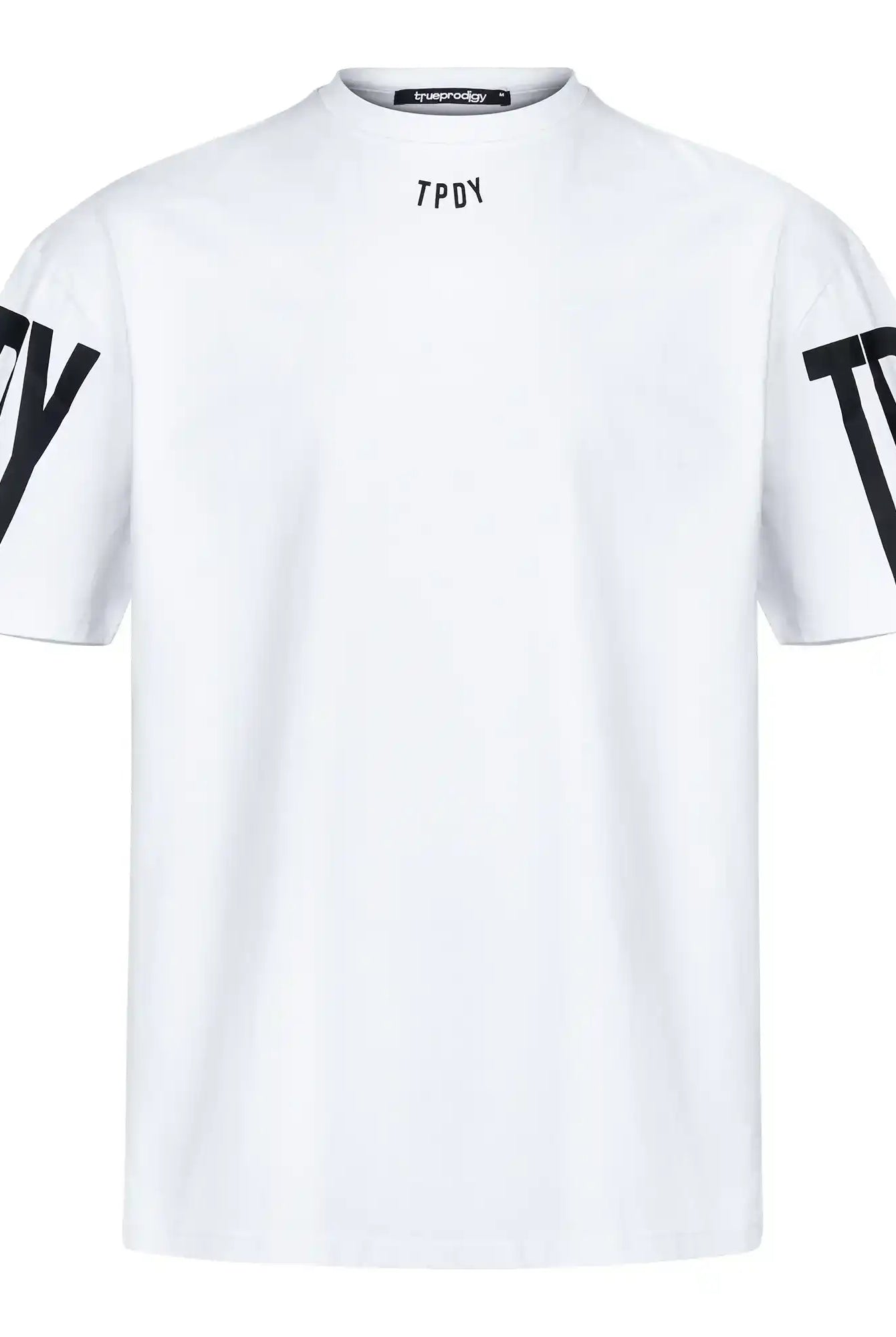 Das Viktor Oversize-Herren-T-Shirt mit Front- und Ärmelprints von trueprodigy ist ein weißes Unisex-Shirt aus schwerem Jersey mit schwarzem TPDY-Print auf der Brust sowie großen TP- und DY-Aufdrucken auf den Ärmeln.