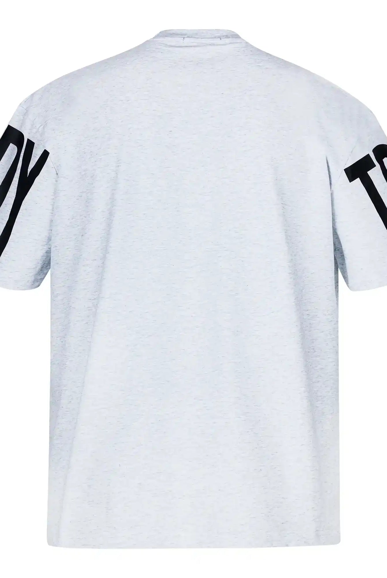 Das Viktor Oversize-Herren-T-Shirt von trueprodigy ist ein locker sitzendes, schweres Jersey-Shirt in Hellgrau. Es zeigt auf der Rückseite große schwarze DY- und TP-Prints auf den Ärmeln und verzichtet auf weitere sichtbare Designs.