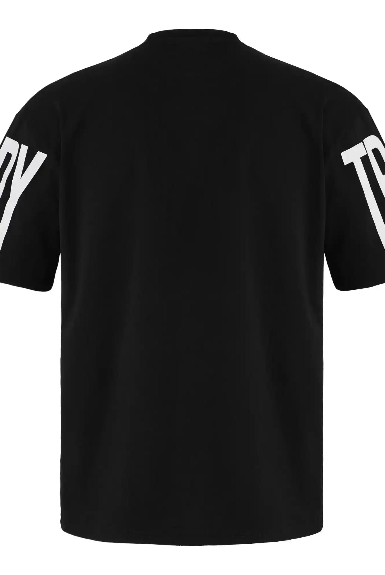 Das Viktor Oversize-Herren-T-Shirt von trueprodigy ist ein schwarzes Unisex-Shirt mit kurzen Ärmeln und auffälligen weißen DY- und TP-Prints an den Ärmeln. Die Rückseite ist einfarbig und ohne sichtbares Design.