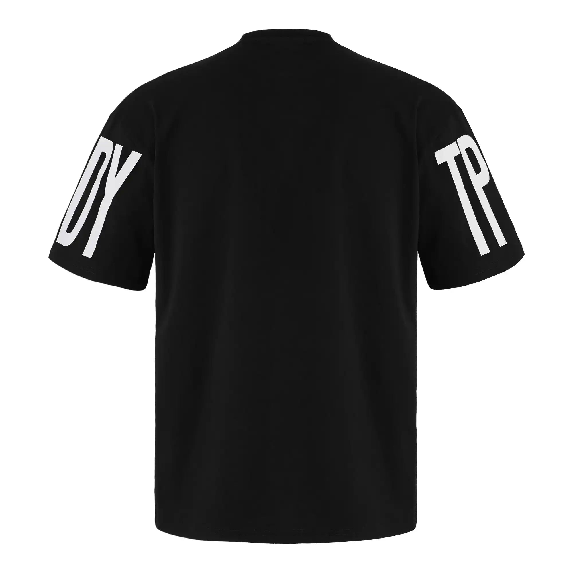 Das Viktor Oversize-Herren-T-Shirt von trueprodigy ist ein schwarzes Unisex-Shirt mit kurzen Ärmeln und auffälligen weißen DY- und TP-Prints an den Ärmeln. Die Rückseite ist einfarbig und ohne sichtbares Design.