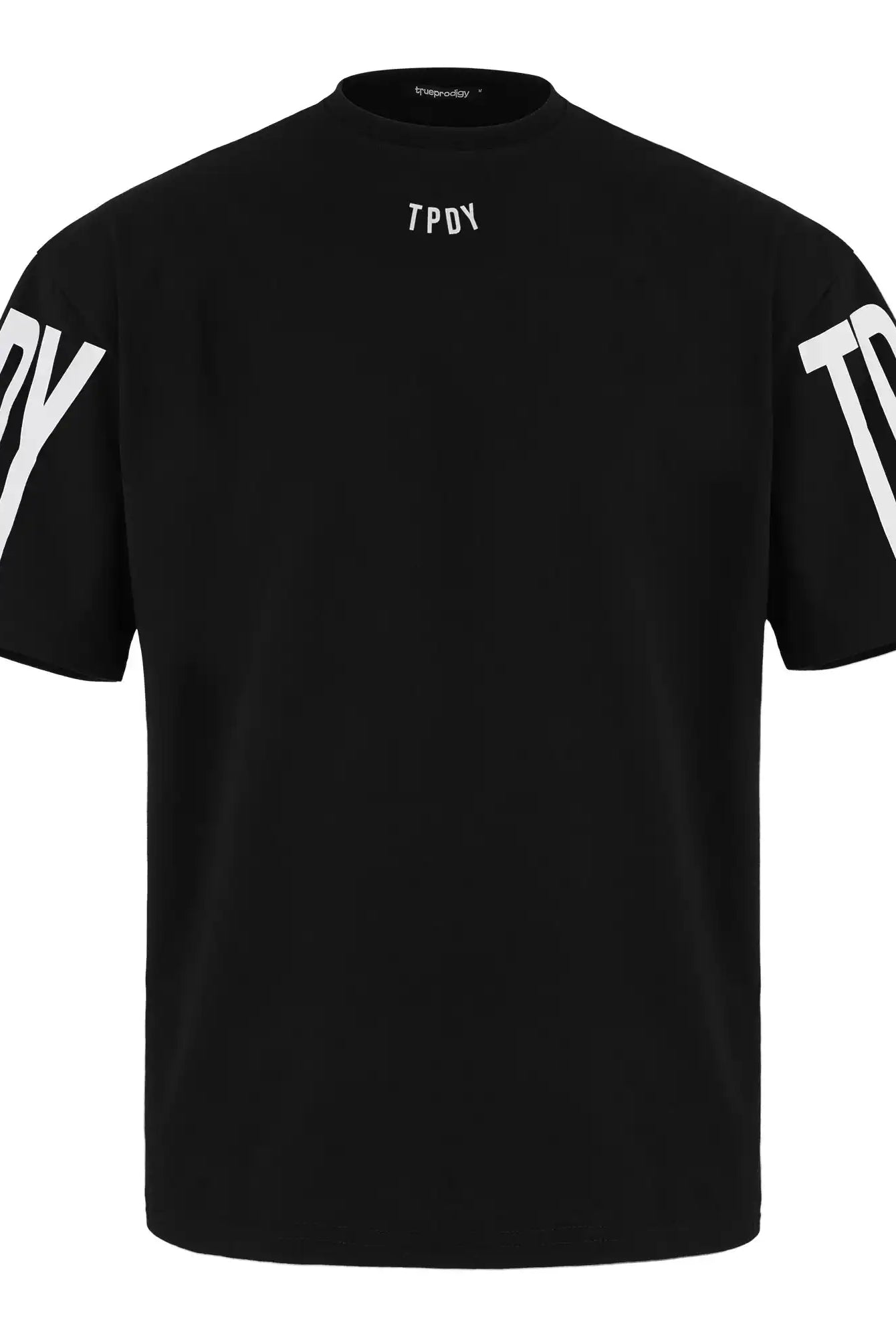 Das Viktor Oversize-Herren-T-Shirt mit Front- und Ärmelprints von trueprodigy ist ein schwarzes Unisex-Shirt aus schwerem Jersey, mit kleinem weißen TPDY-Schriftzug am Kragen und auffälligen Prints auf beiden Ärmeln vor weißem Hintergrund.