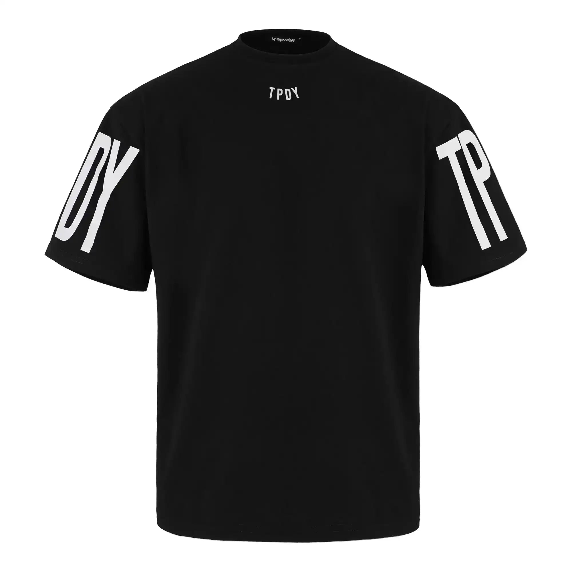 Das Viktor Oversize-Herren-T-Shirt mit Front- und Ärmelprints von trueprodigy ist ein schwarzes Unisex-Shirt aus schwerem Jersey, mit kleinem weißen TPDY-Schriftzug am Kragen und auffälligen Prints auf beiden Ärmeln vor weißem Hintergrund.