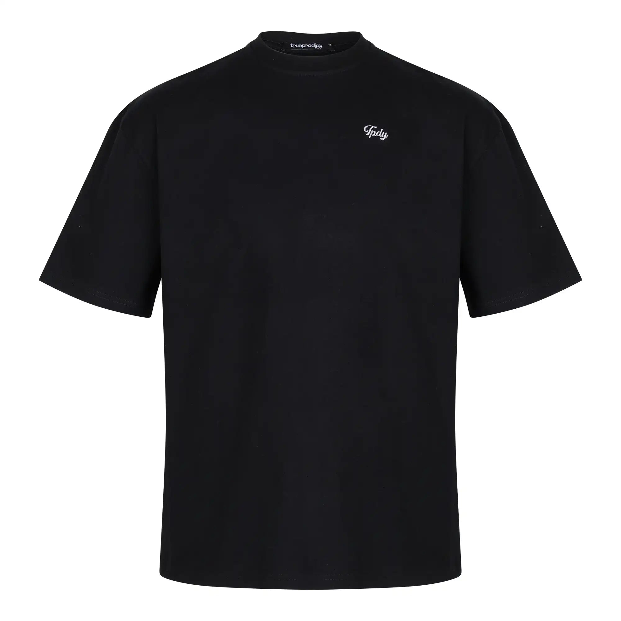 Das Nika F Damen Oversize-T-Shirt von trueprodigy ist ein schwarzes Unisex-T-Shirt aus schwerem Jerseystoff mit kurzen Ärmeln, Rundhalsausschnitt und einer kleinen weißen TPDY-Stickerei auf der linken Brust. Abgebildet vor einem weißen Hintergrund.