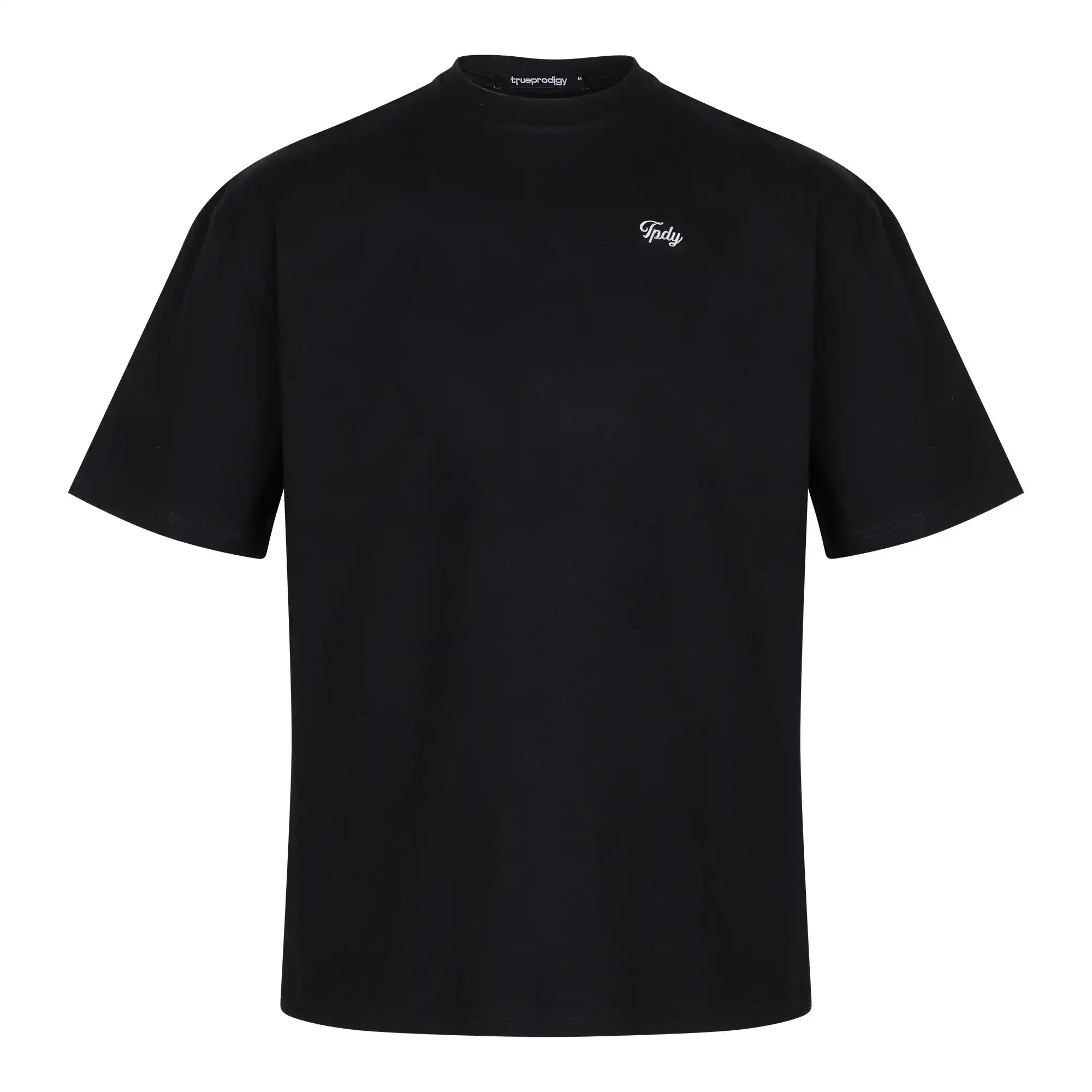 Das Nika F Damen Oversize-T-Shirt von trueprodigy ist ein schwarzes Unisex-T-Shirt aus schwerem Jerseystoff mit kurzen Ärmeln, Rundhalsausschnitt und einer kleinen weißen TPDY-Stickerei auf der linken Brust. Abgebildet vor einem weißen Hintergrund.