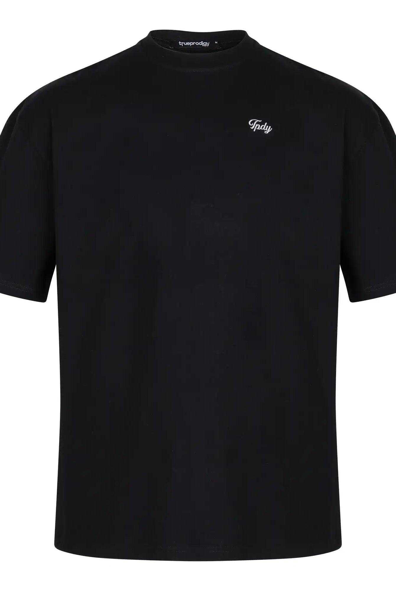Das trueprodigy Nika Oversize-Basicshirt hat einen Rundhalsausschnitt, dicker Jersey Stoff und "Italy" TPDY-Stickerei in kleiner weißer Schrift auf der linken Brust. Unisex und einfarbig schwarz mit klarer Silhouette, dargestellt auf weißem Hintergrund.