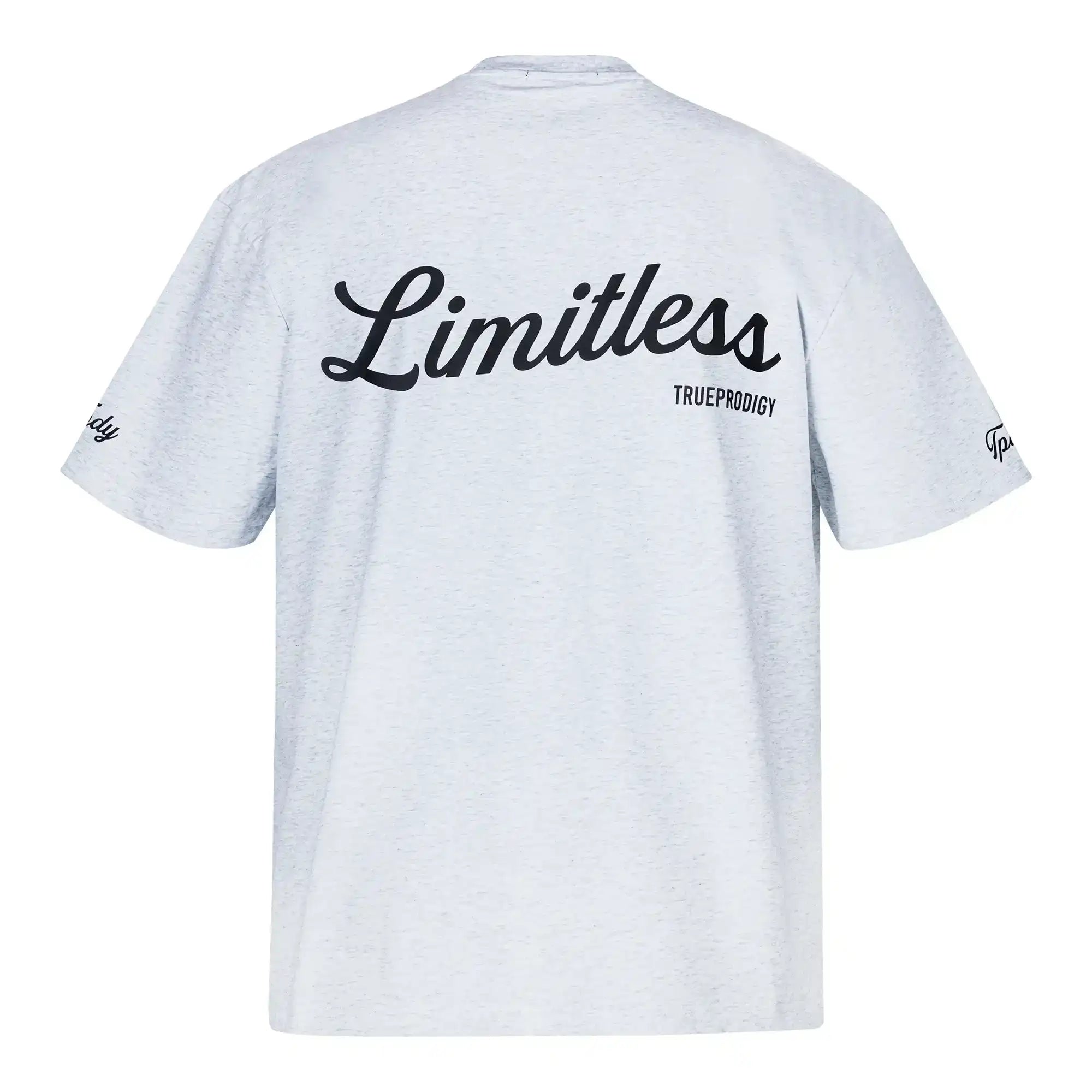 Das trueprodigy Kai F Oversize-Damen-T-Shirt in Hellgrau hat einen fetten schwarzen "LIMITLESS"-Rückenprint und einen "TRUEPRODIGY"-Schriftzug darunter, mit Schriftakzenten an den Ärmeln. Das Shirt ist aus dickerem Jersey-Stoff gefertigt und hat eine Unisex-Passform.