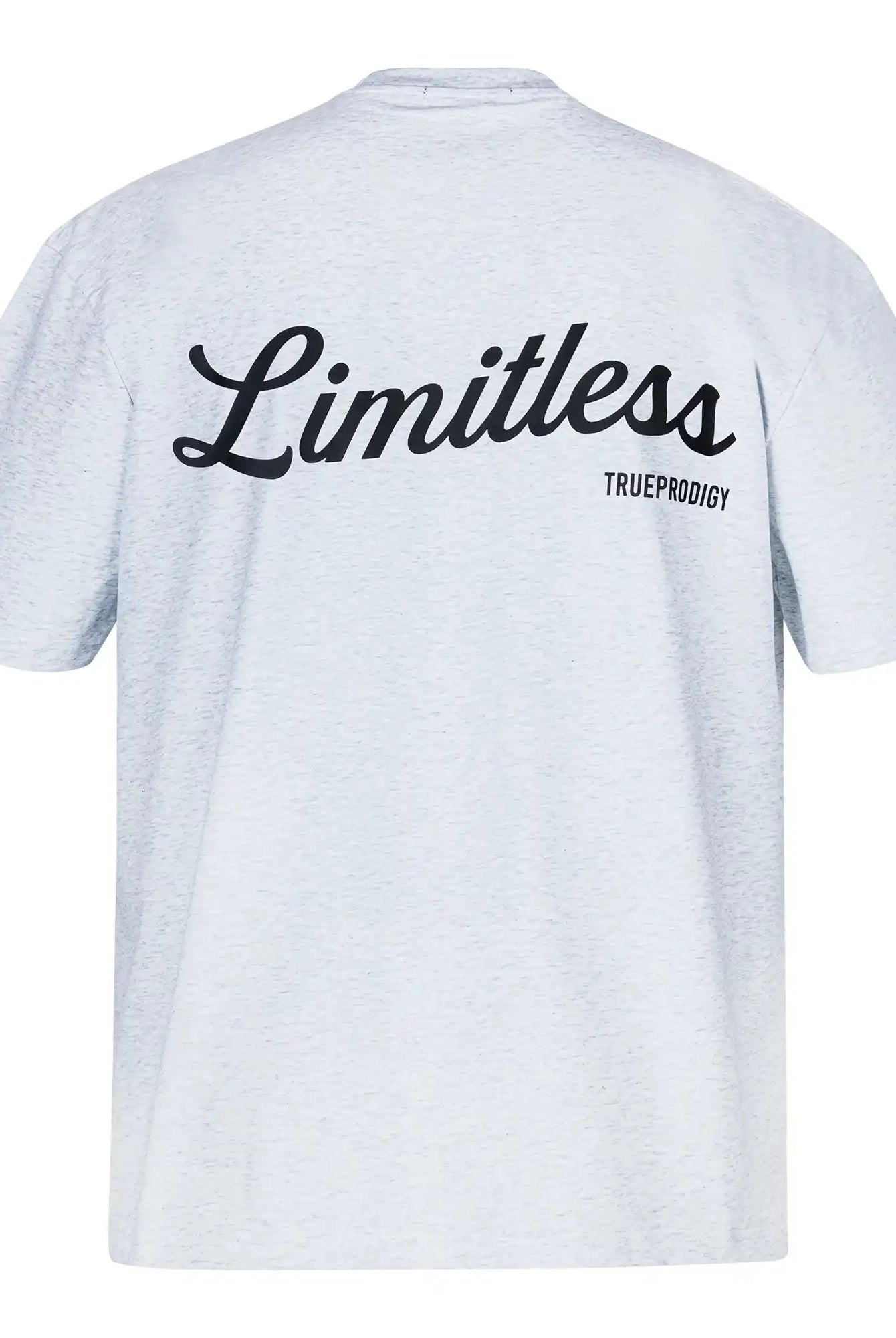 Das trueprodigy Kai Oversize-Herren-T-Shirt zeigt "LIMITLESS" in Fettdruck auf dem Rücken, darunter das schwarze Markenlogo und Textakzente am Ärmel. Hergestellt aus dickem Jersey-Stoff für Komfort.